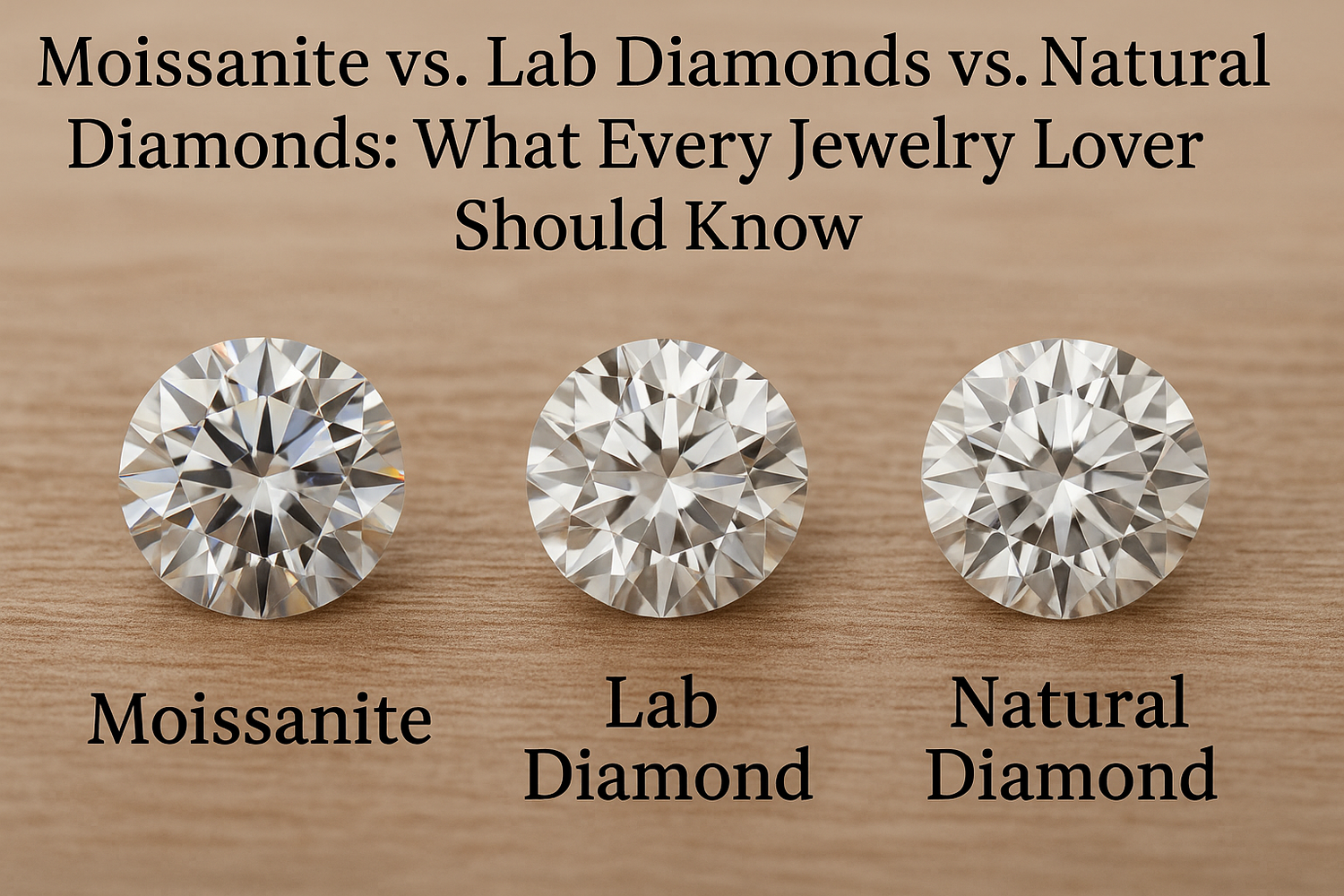 Comparison of Moissanite, Lab-Grown Diamond, and Natural Diamond gemstones on wooden surface highlighting differences in brilliance and cut.