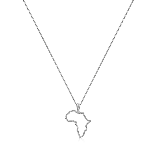 A silver-colored 18 karat gold necklace with a diamond pendant in the shape of Africa.