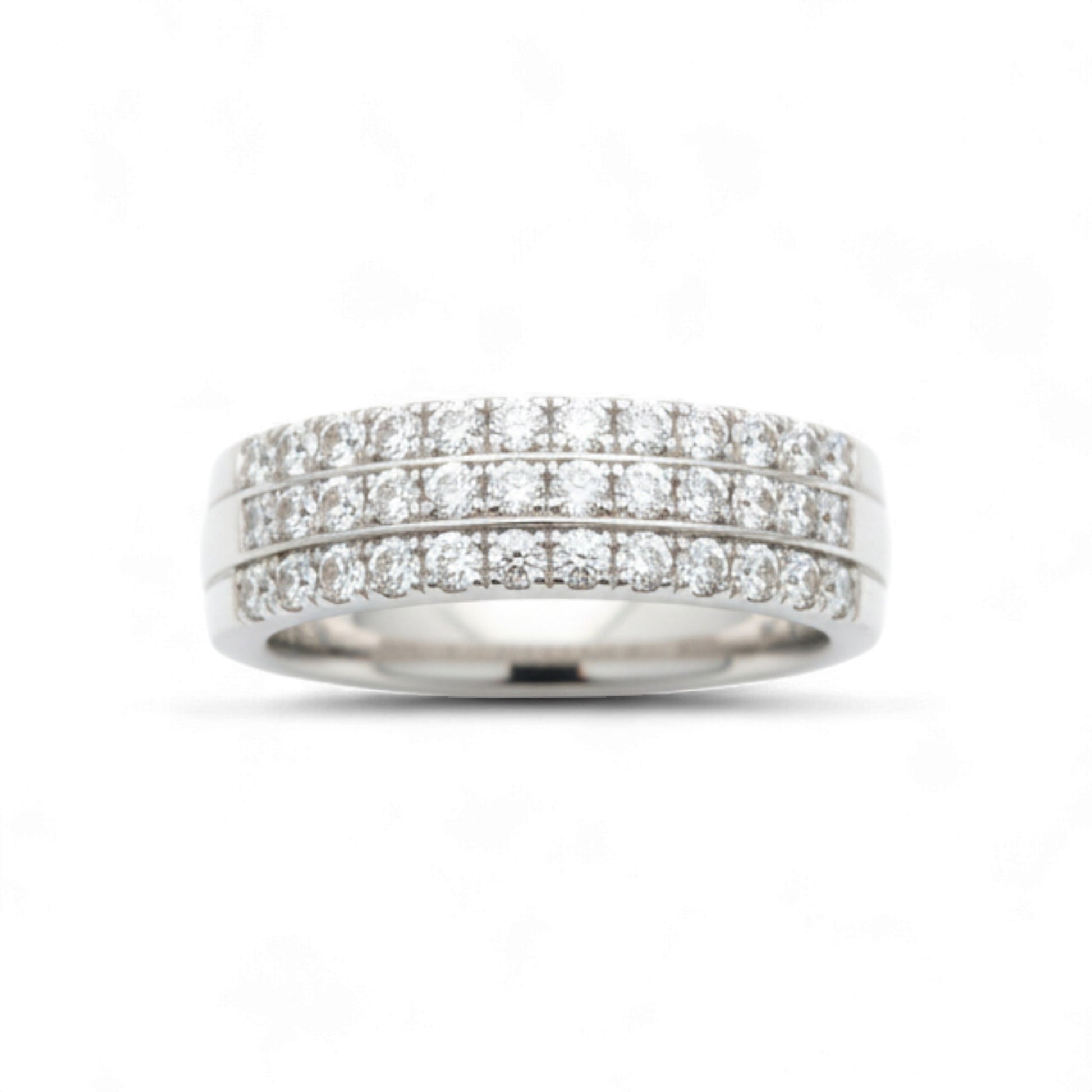 Silver ring with multiple rows of diamonds on a white background