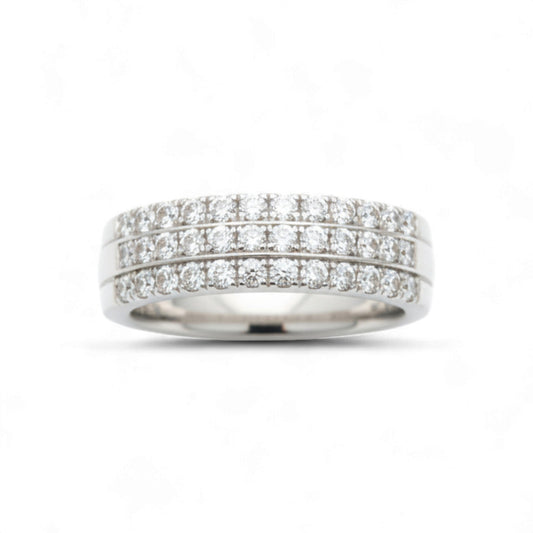 Silver ring with multiple rows of diamonds on a white background