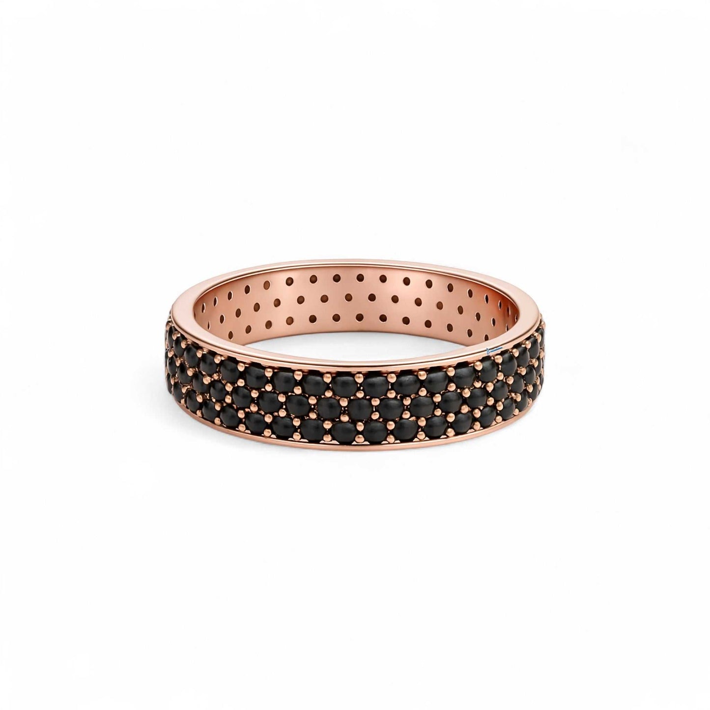 360 black studded cubic zirconia band in 18KT rose gold with precision-cut black stones all around
