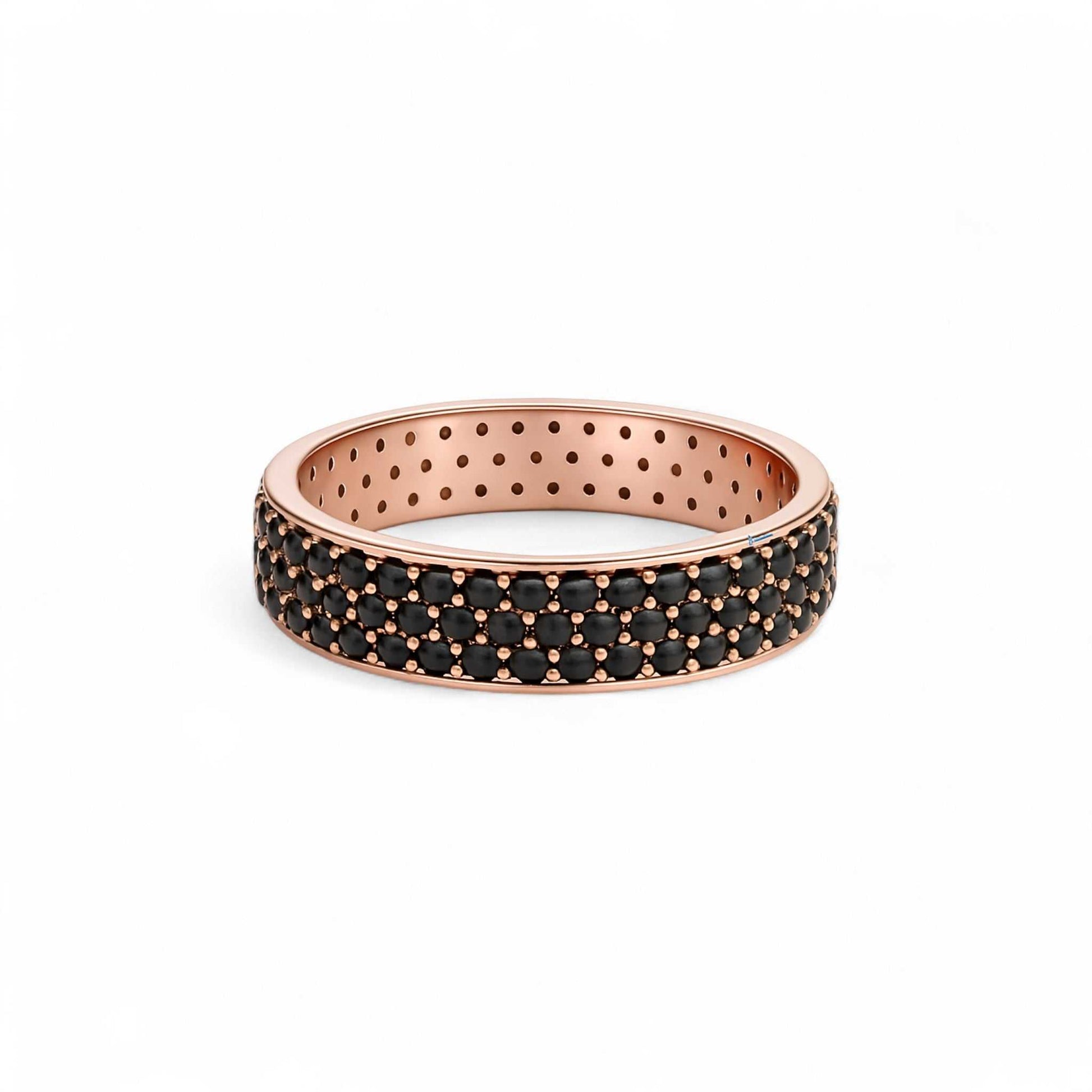 360 black studded cubic zirconia band in 18KT rose gold with precision-cut black stones all around