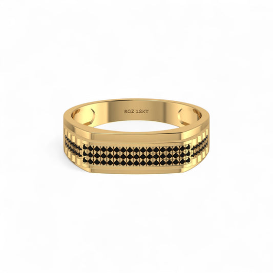 Gold ring with black diamond pattern on a white background