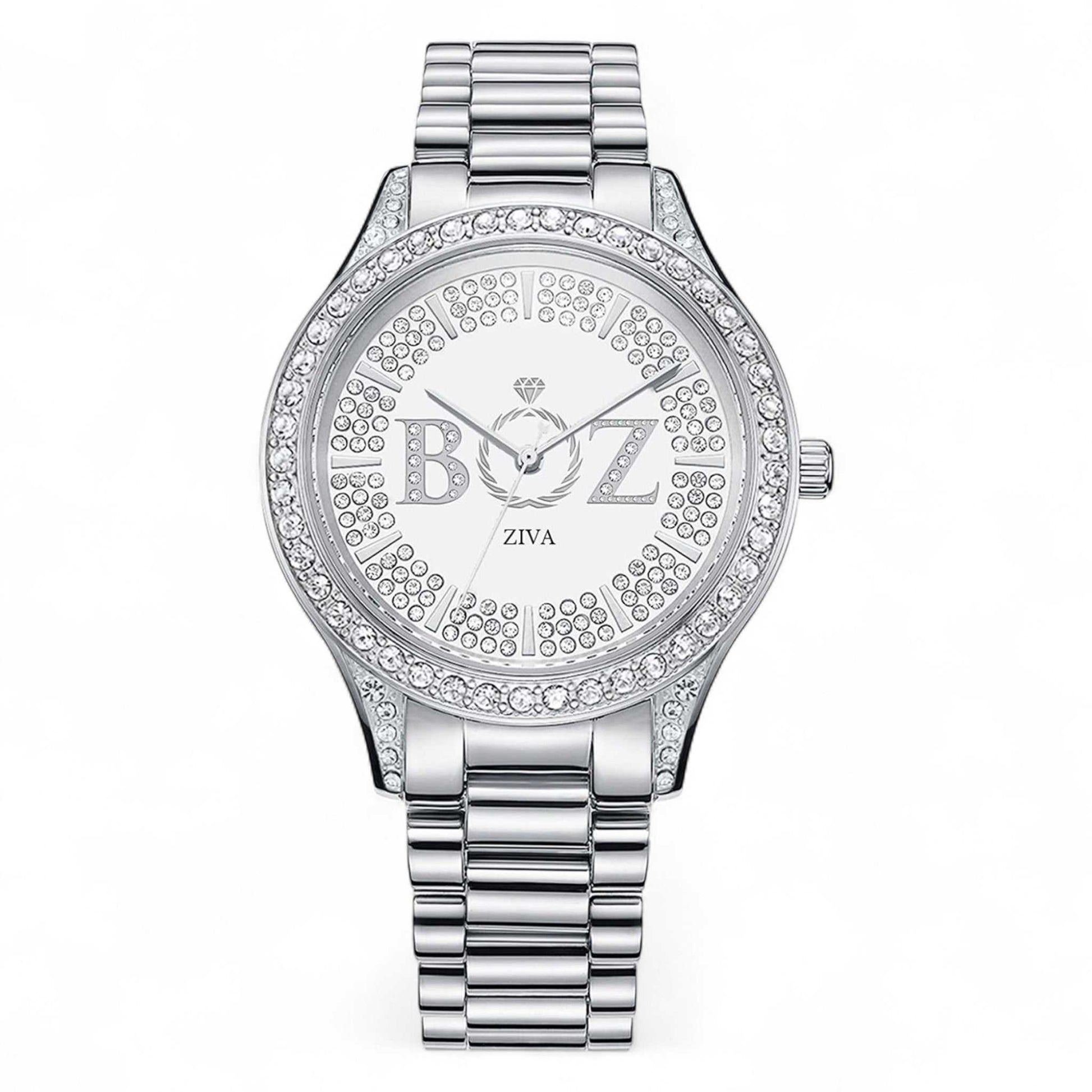 Silver watch with 'BOZ' and 'ZIVA' branding on a white background