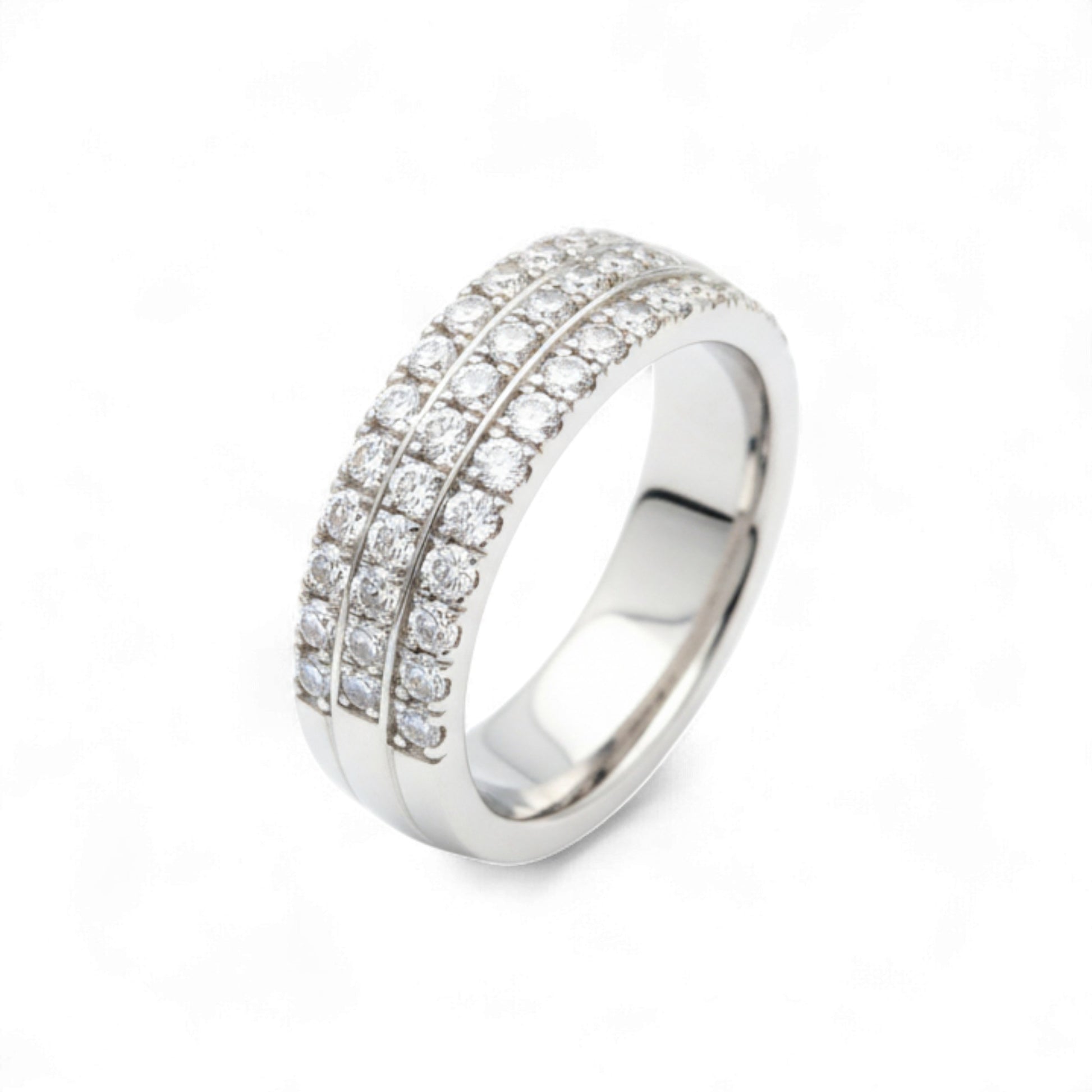Silver ring with multiple rows of diamonds on a white background