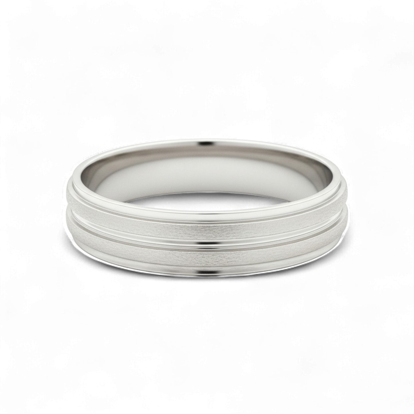 Silver ring with a textured band on a white background