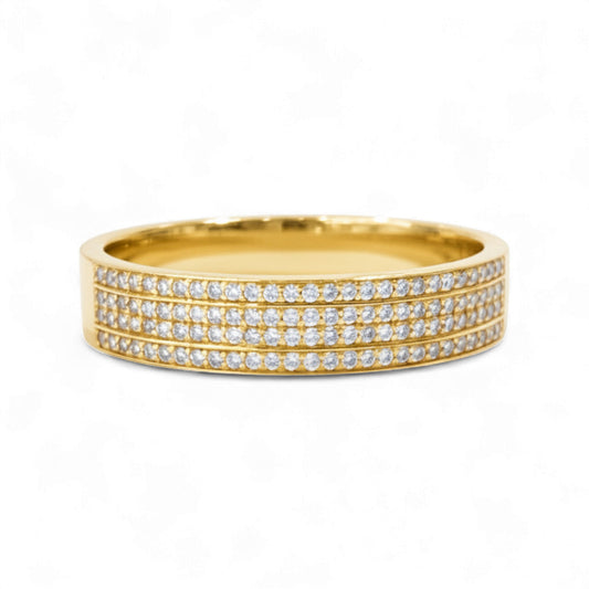 Gold ring with multiple rows of diamonds on a white background