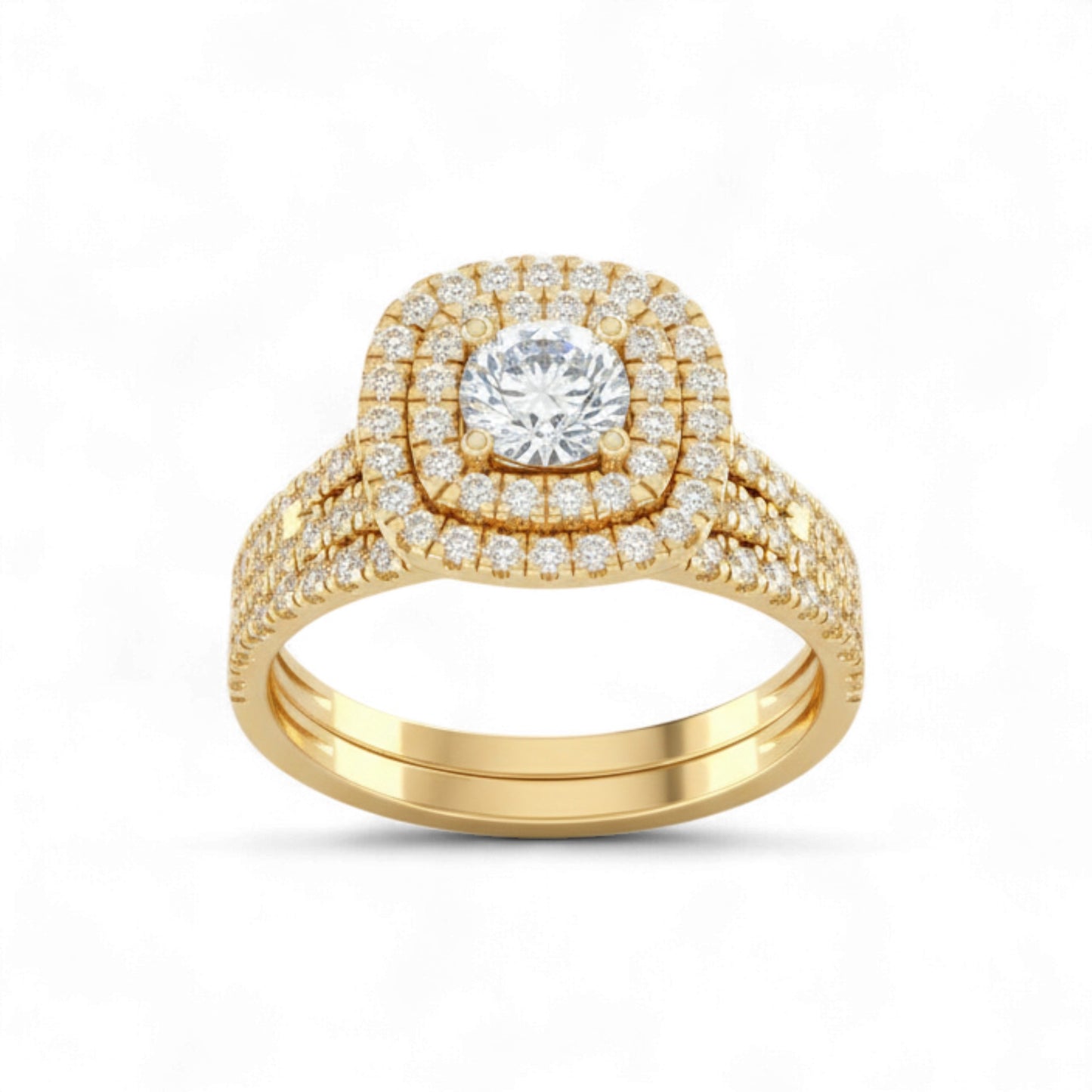 Gold ring with a diamond on a white background