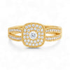 Gold ring with diamond accents on a white background