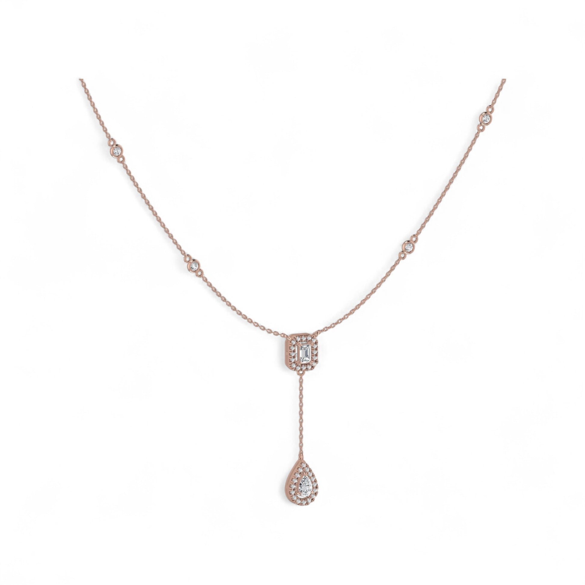 Rose gold necklace with a diamond pendant on a white background