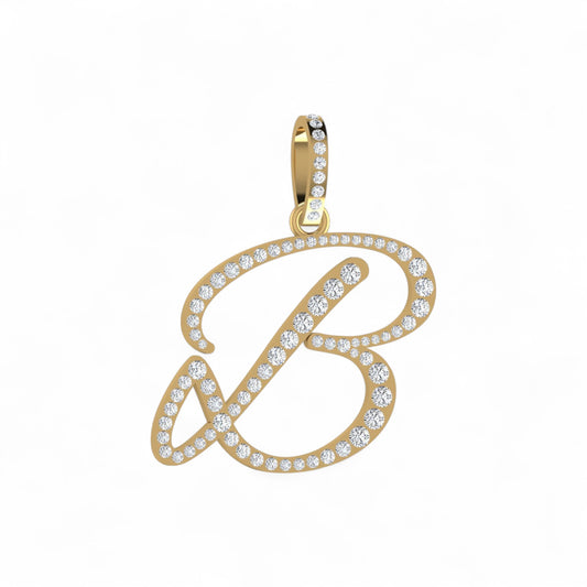 Gold pendant with diamonds shaped like the letter 'B' on a white background