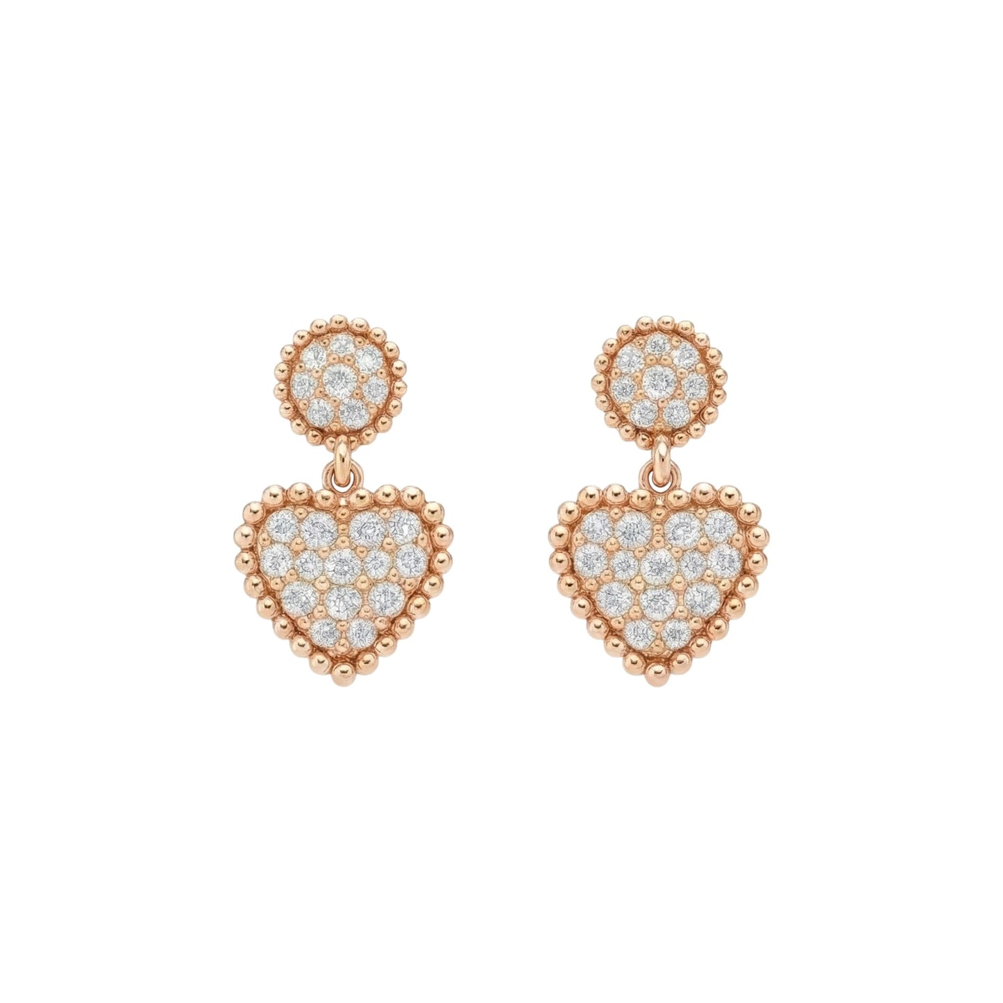 Rose gold heart-shaped earrings with diamond accents on a white background