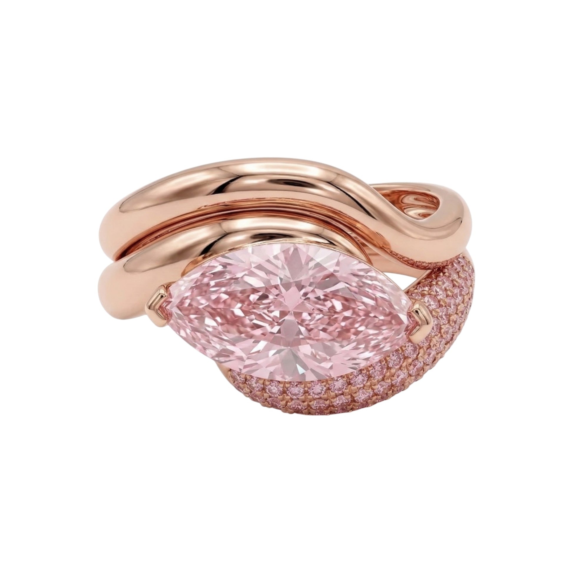Rose gold ring with a pink diamond on a white background