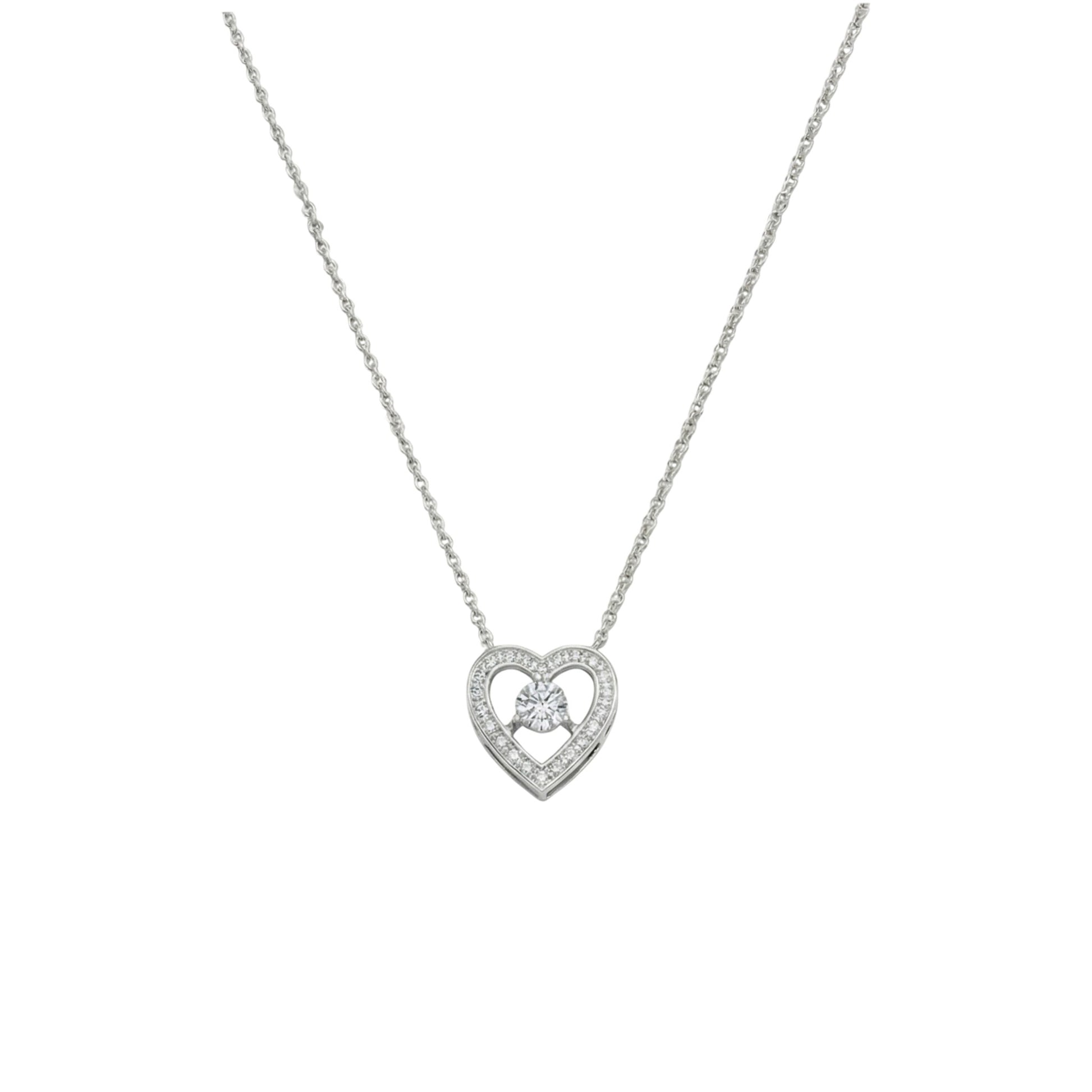 Silver necklace with a heart-shaped pendant on a white background