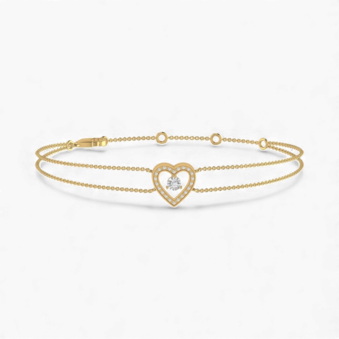 Gold bracelet with a heart-shaped clasp on a white background
