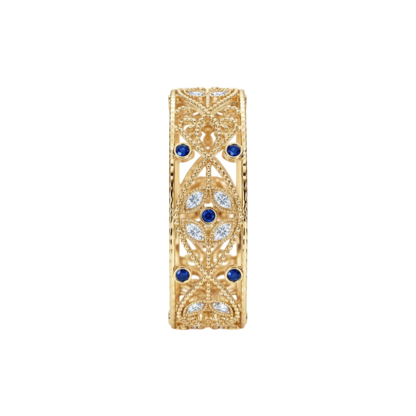 Gold ring with blue gemstones and diamond accents on a white background
