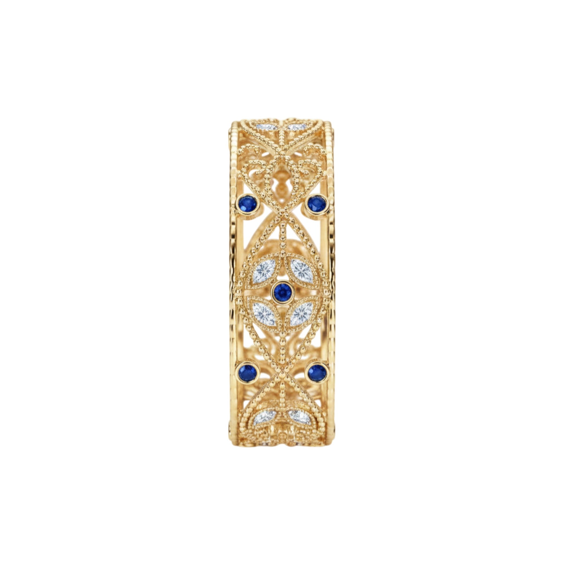 Gold ring with blue gemstones and diamond accents on a white background