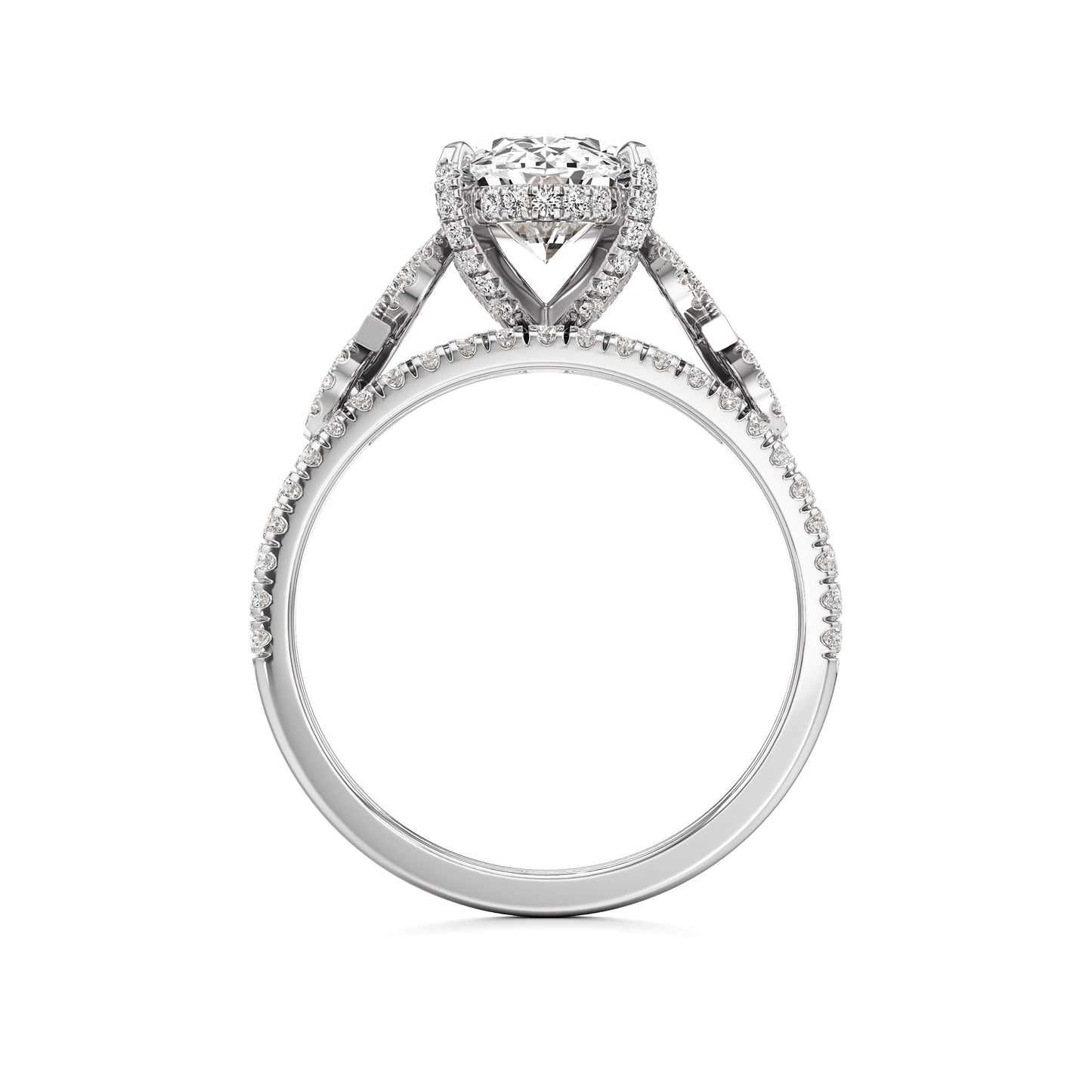 Diamond ring with a heart-shaped center on a white background