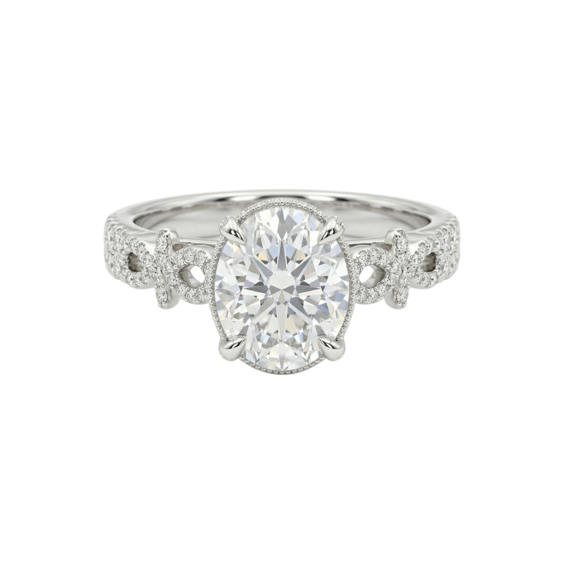 Diamond ring with intricate design on a white background
