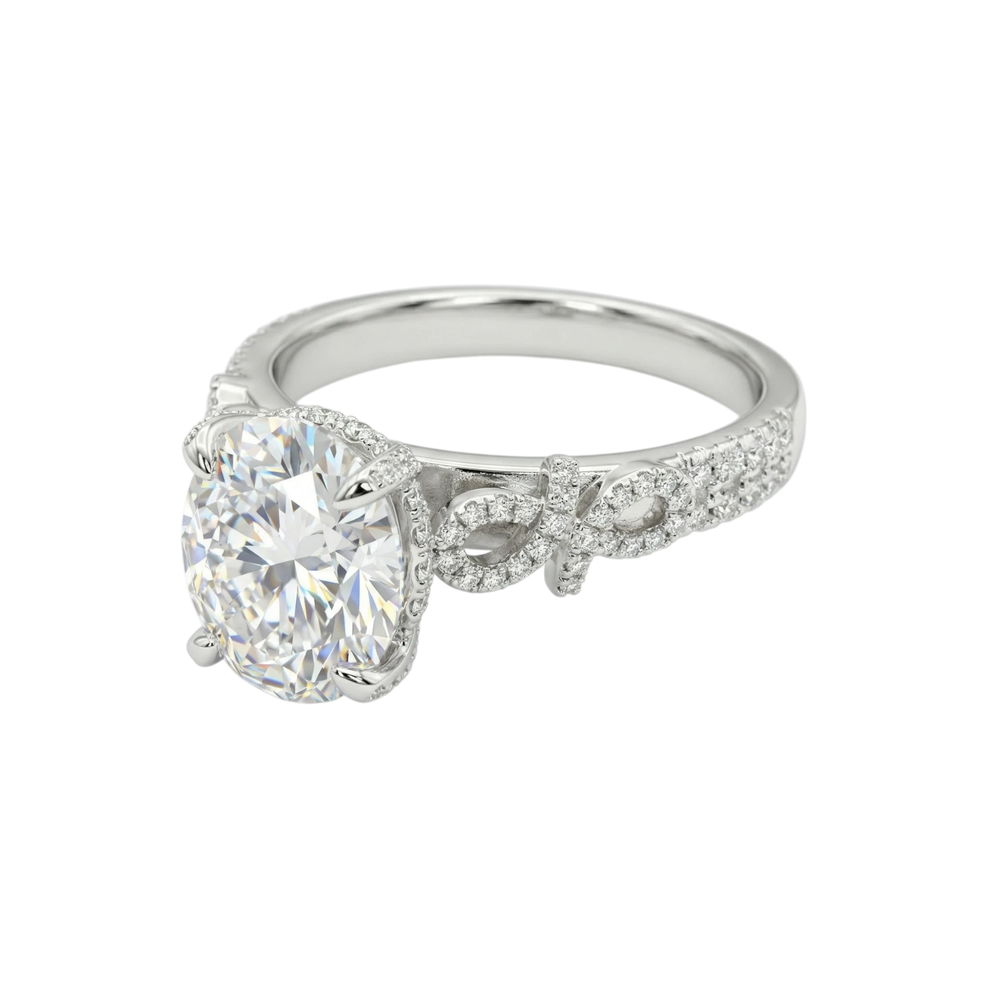 Silver ring with a large diamond and smaller diamonds on the band against a white background