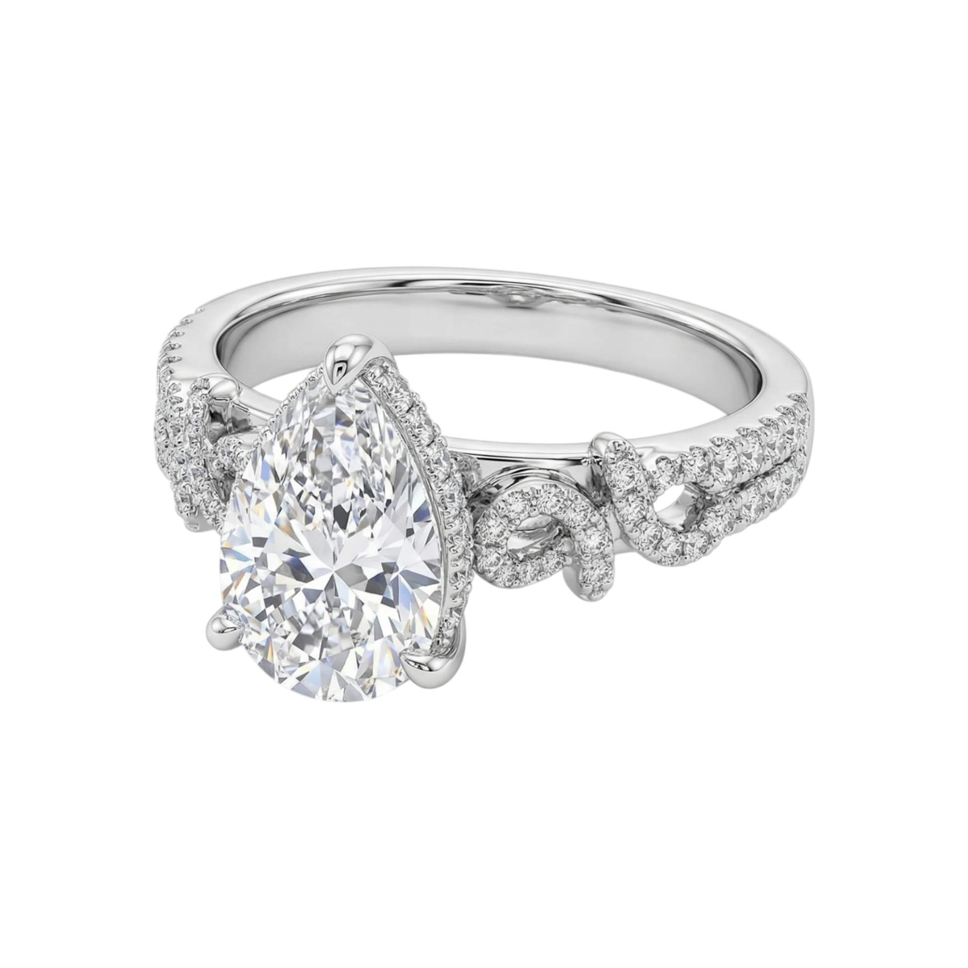 Diamond ring with pear-shaped center stone on a white background