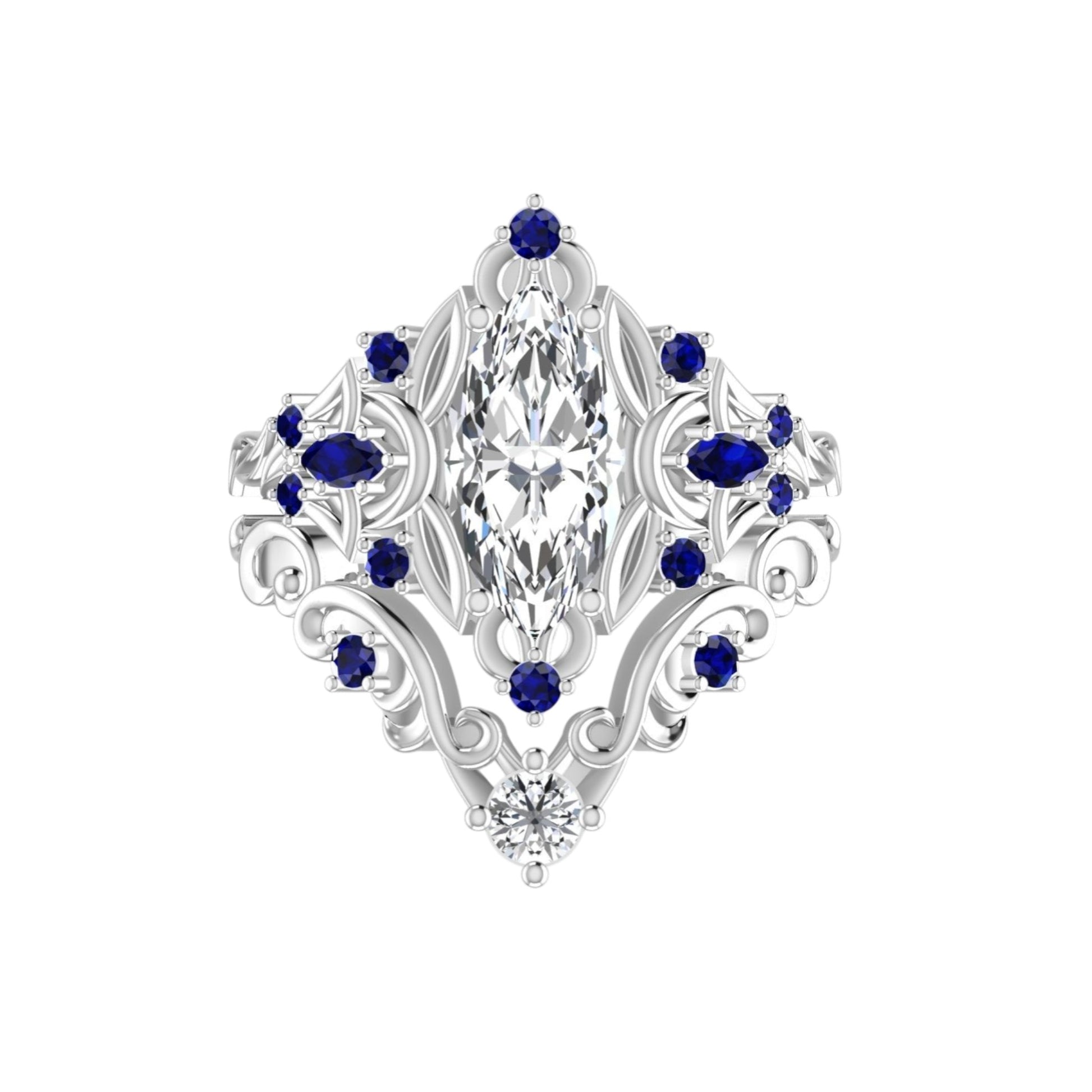 Elegant silver ring with a large central gemstone and smaller blue stones on a white background