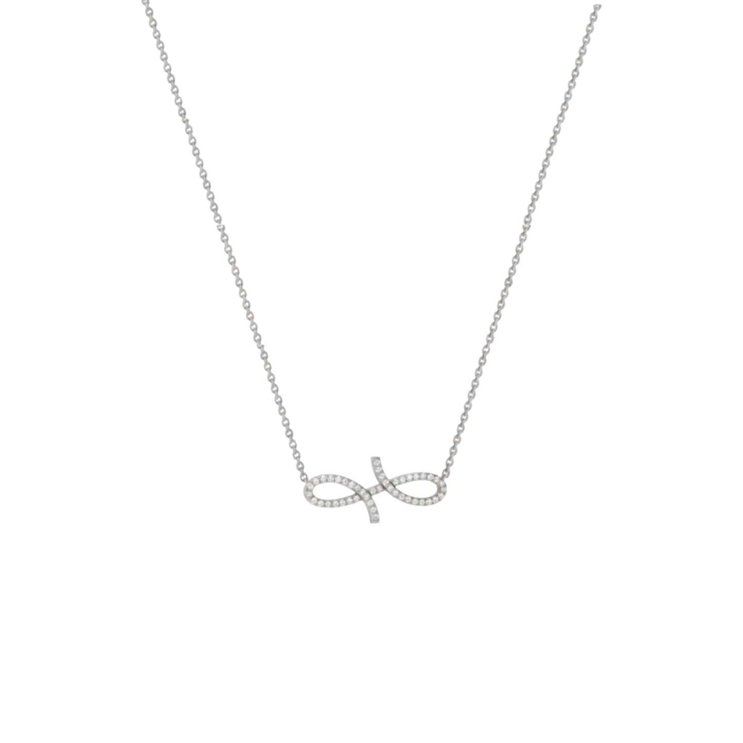 Silver necklace with a fish-shaped pendant on a white background