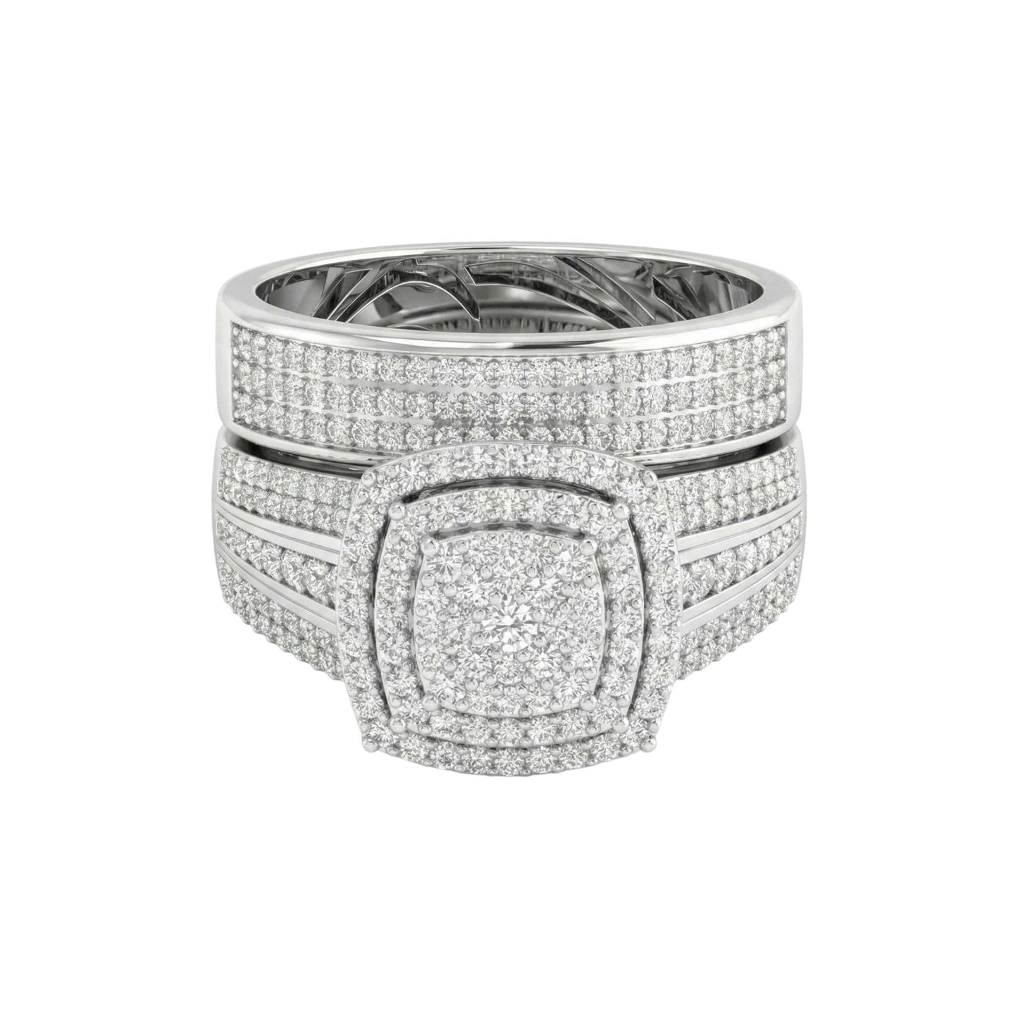 Stack of silver rings with diamond accents on a white background