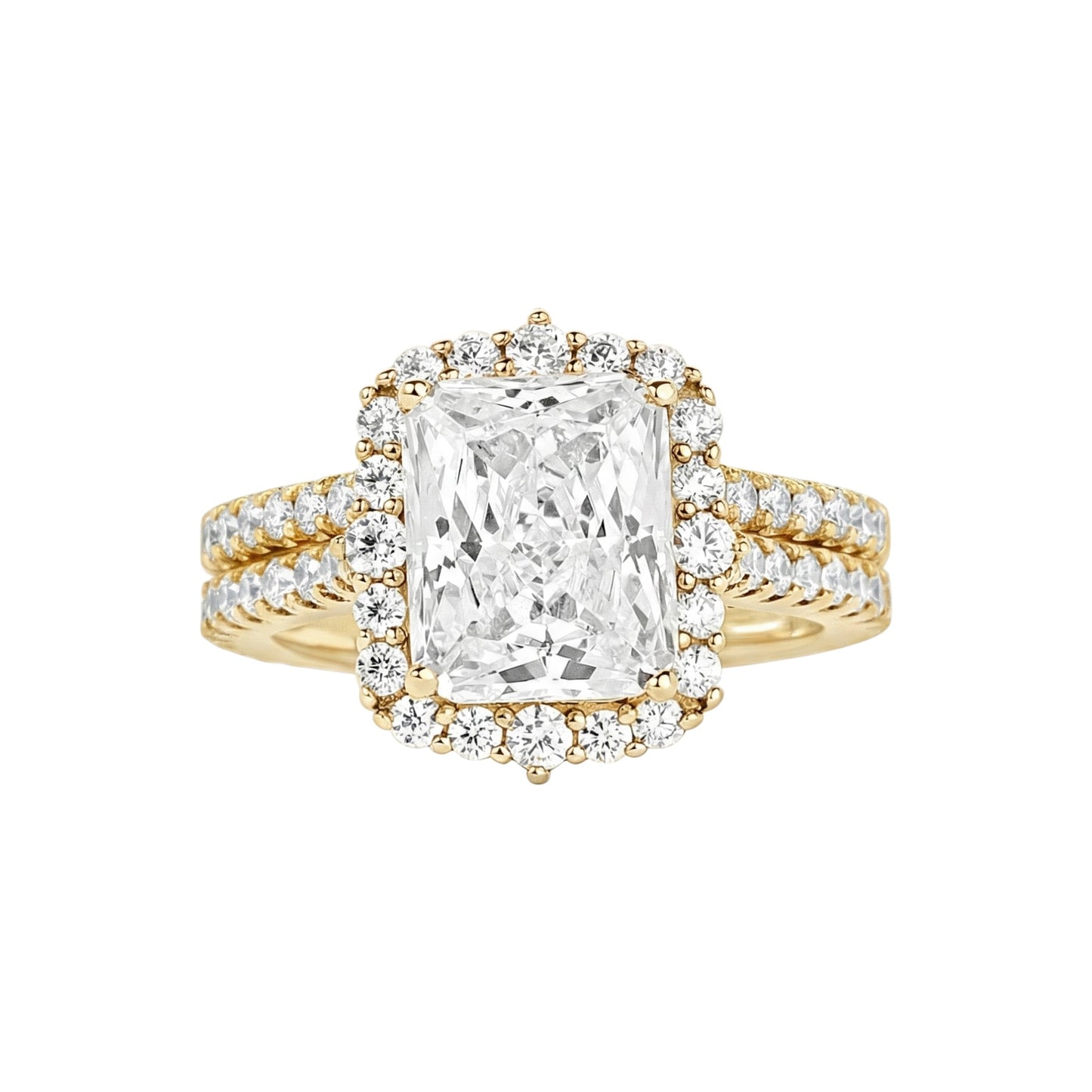Gold ring with a large diamond and smaller diamonds on the band against a white background