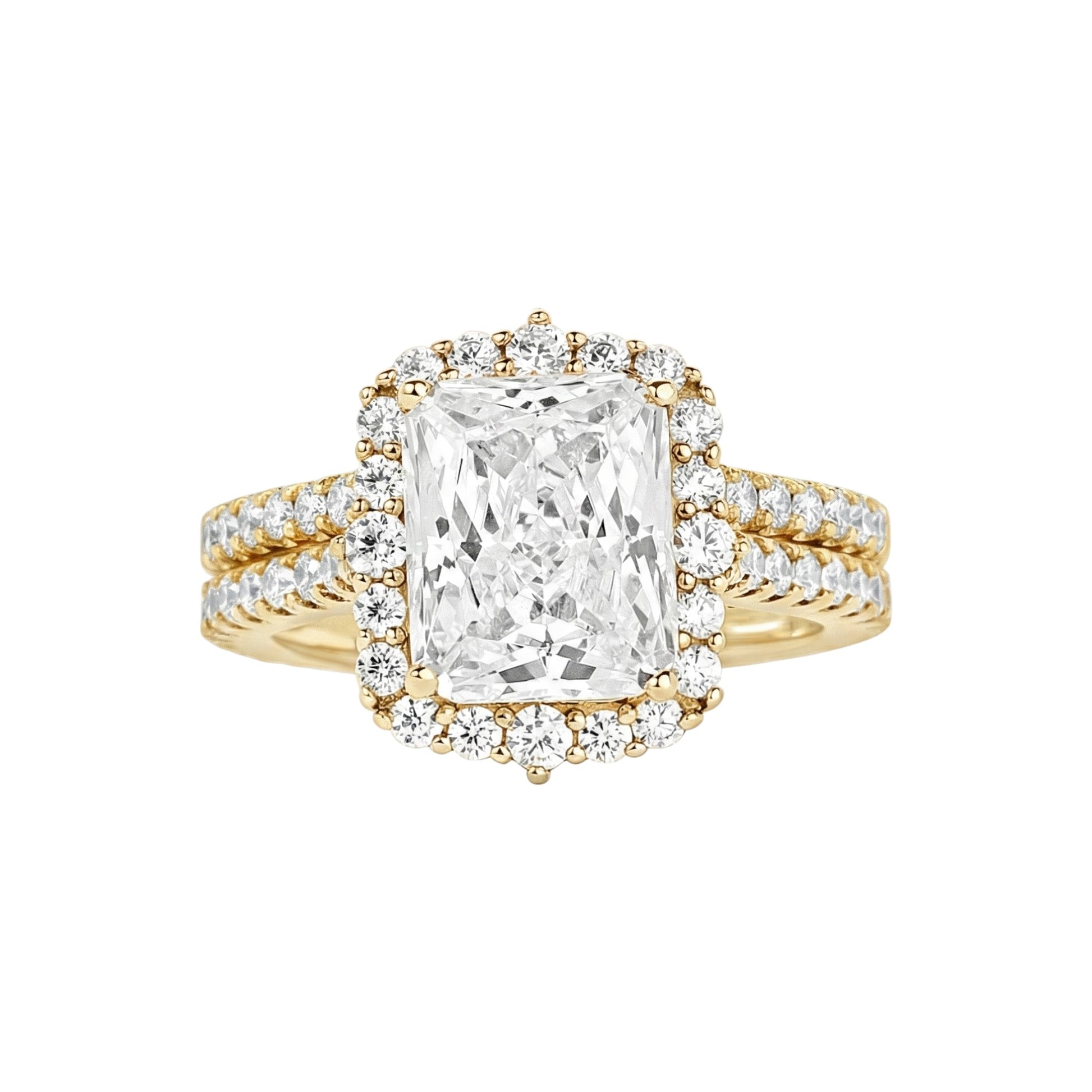 Gold ring with a large diamond and smaller diamonds on the band against a white background