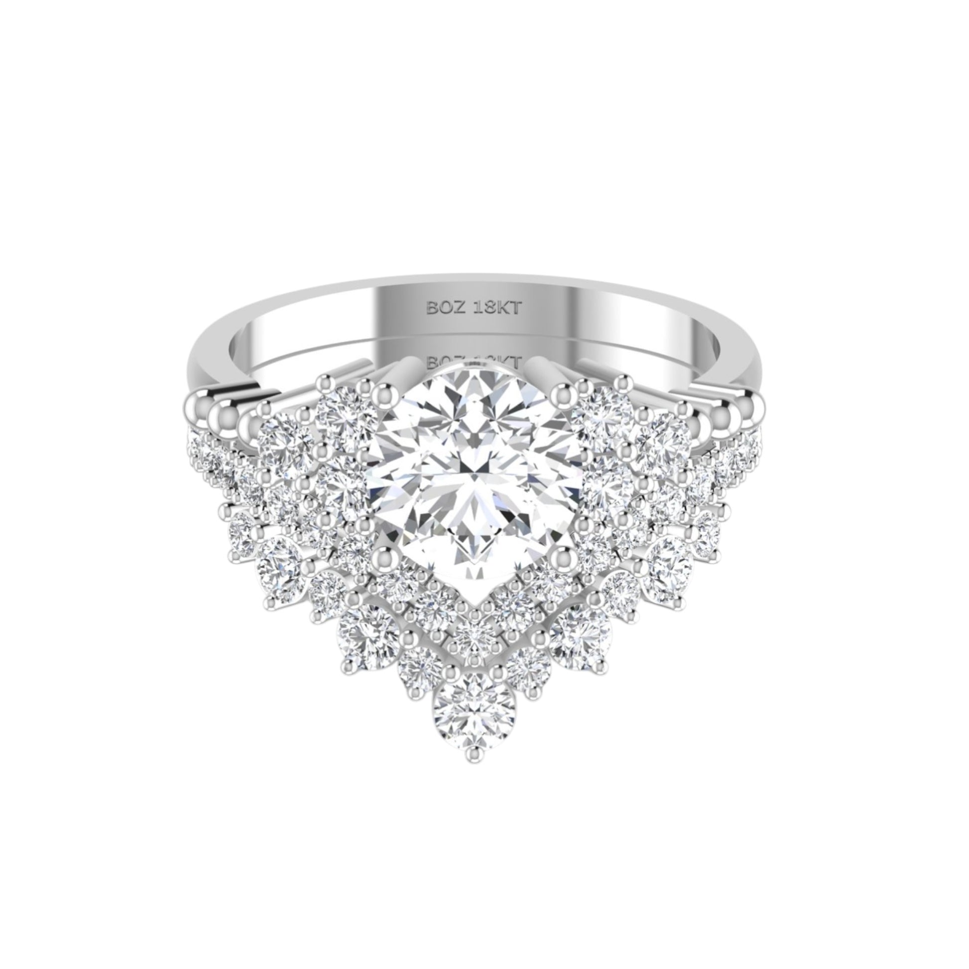 Silver ring with a large diamond and smaller diamonds on a white background