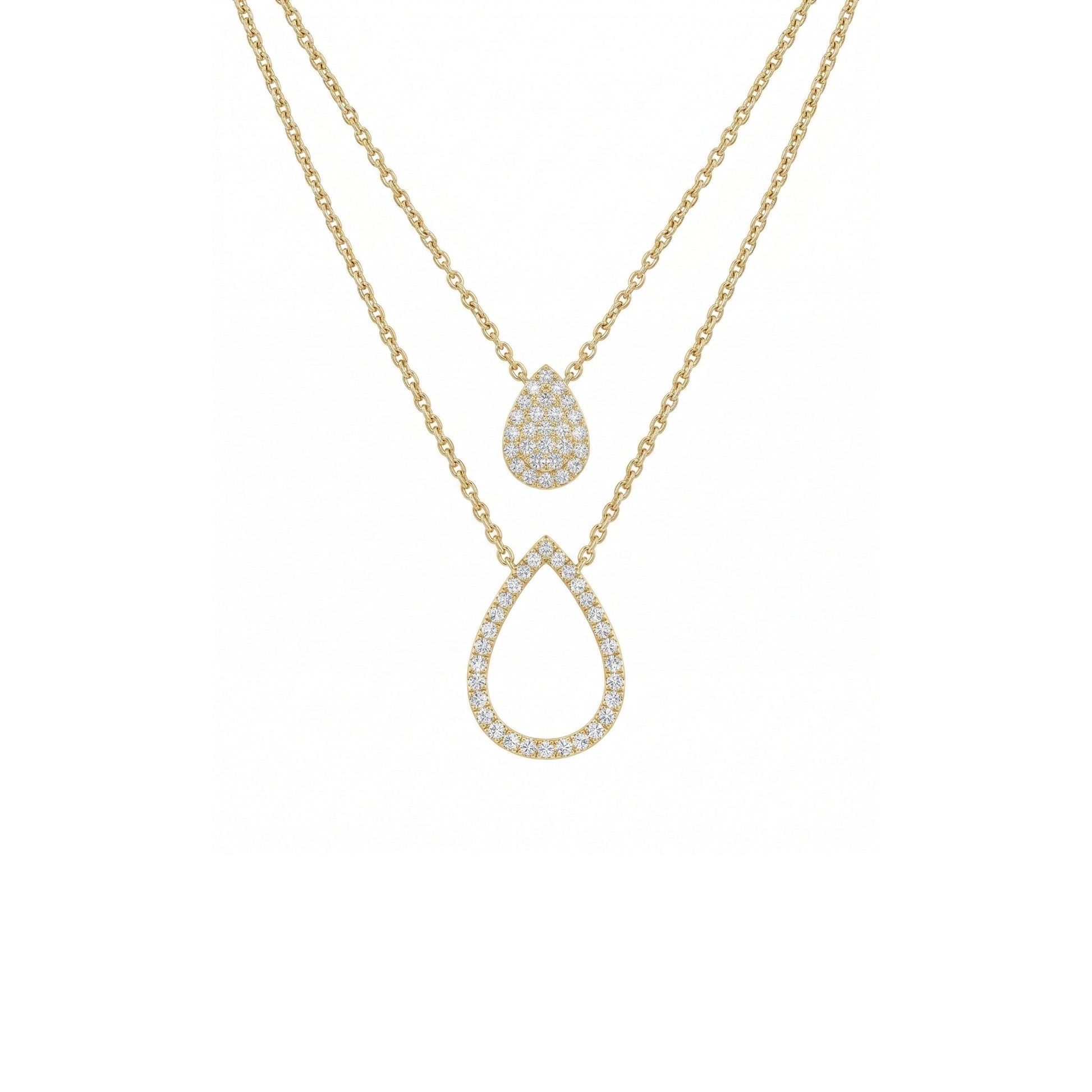 Gold necklace with teardrop-shaped pendant on a white background