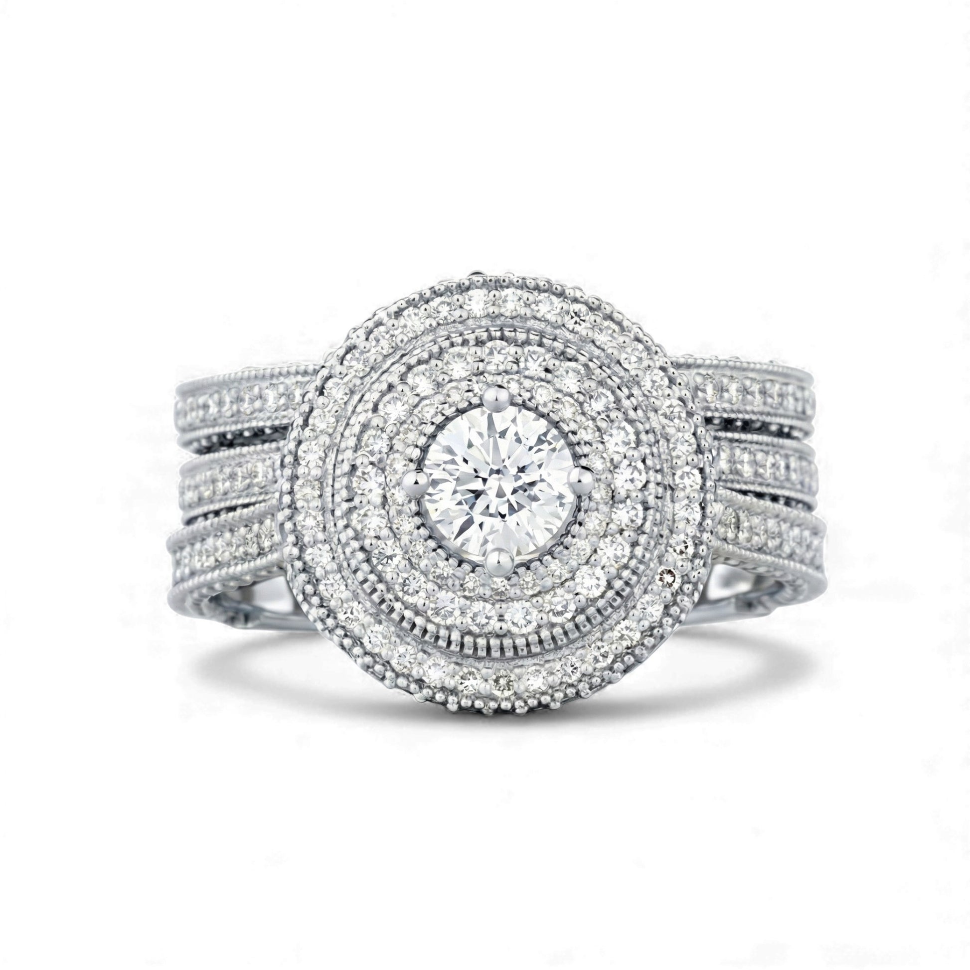 Diamond ring with multiple layers on a white background