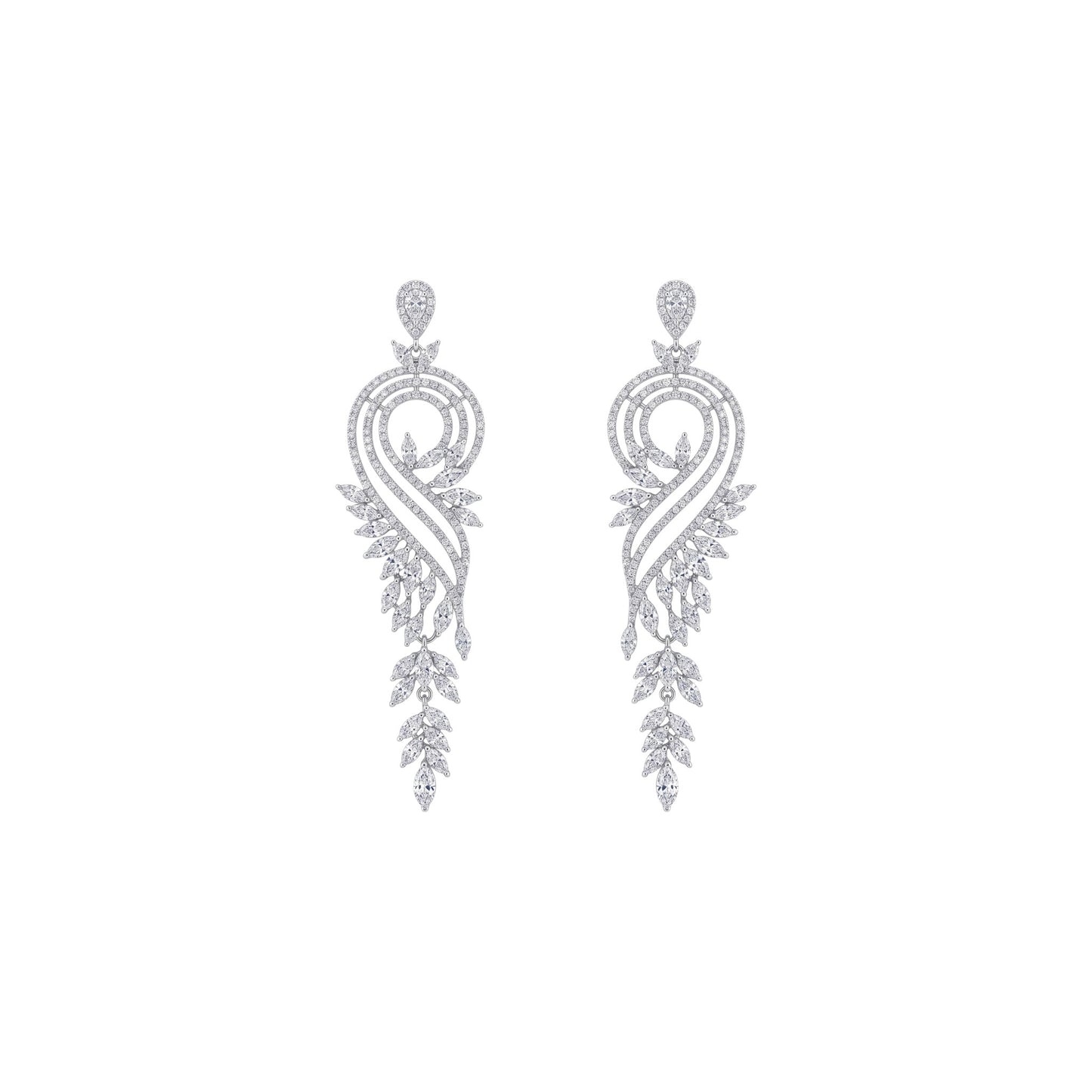 Pair of silver earrings with intricate designs on a white background
