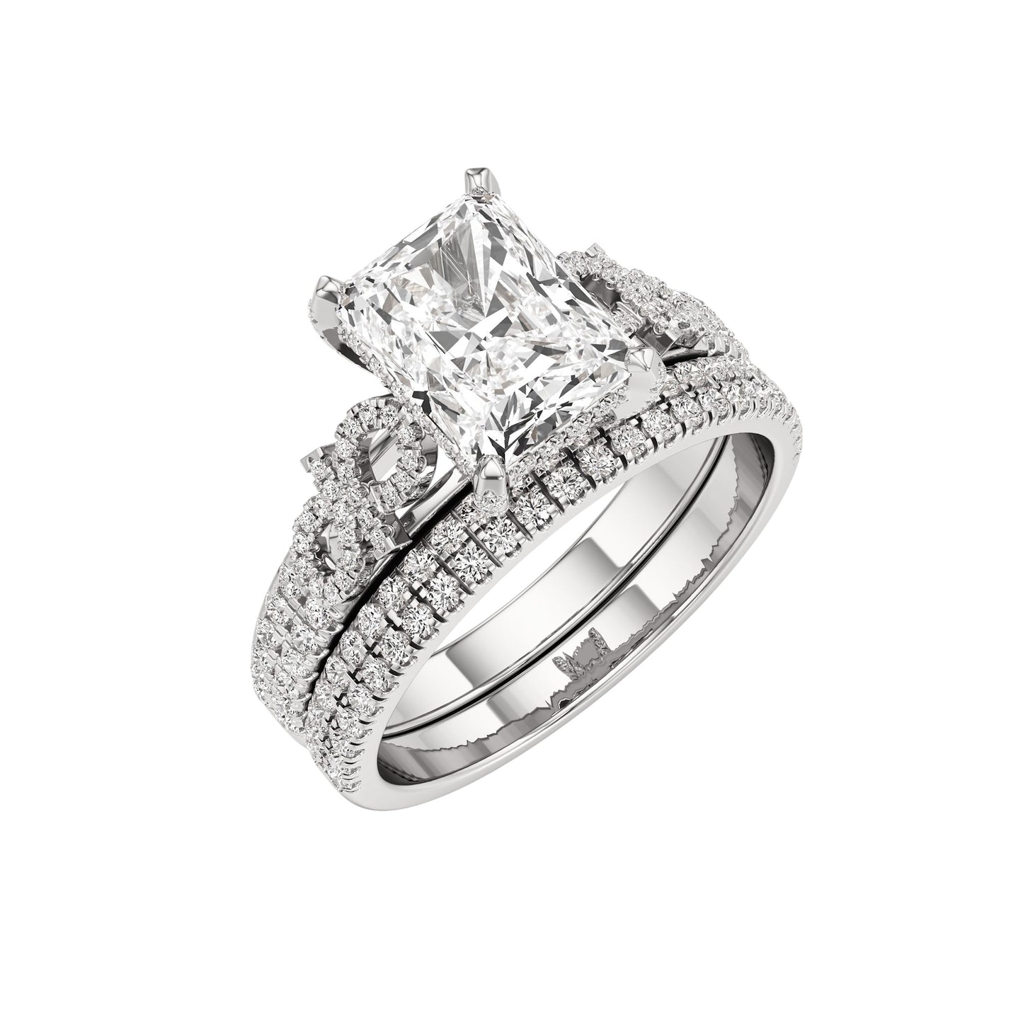 Diamond ring with a prominent central stone and smaller stones on a white background