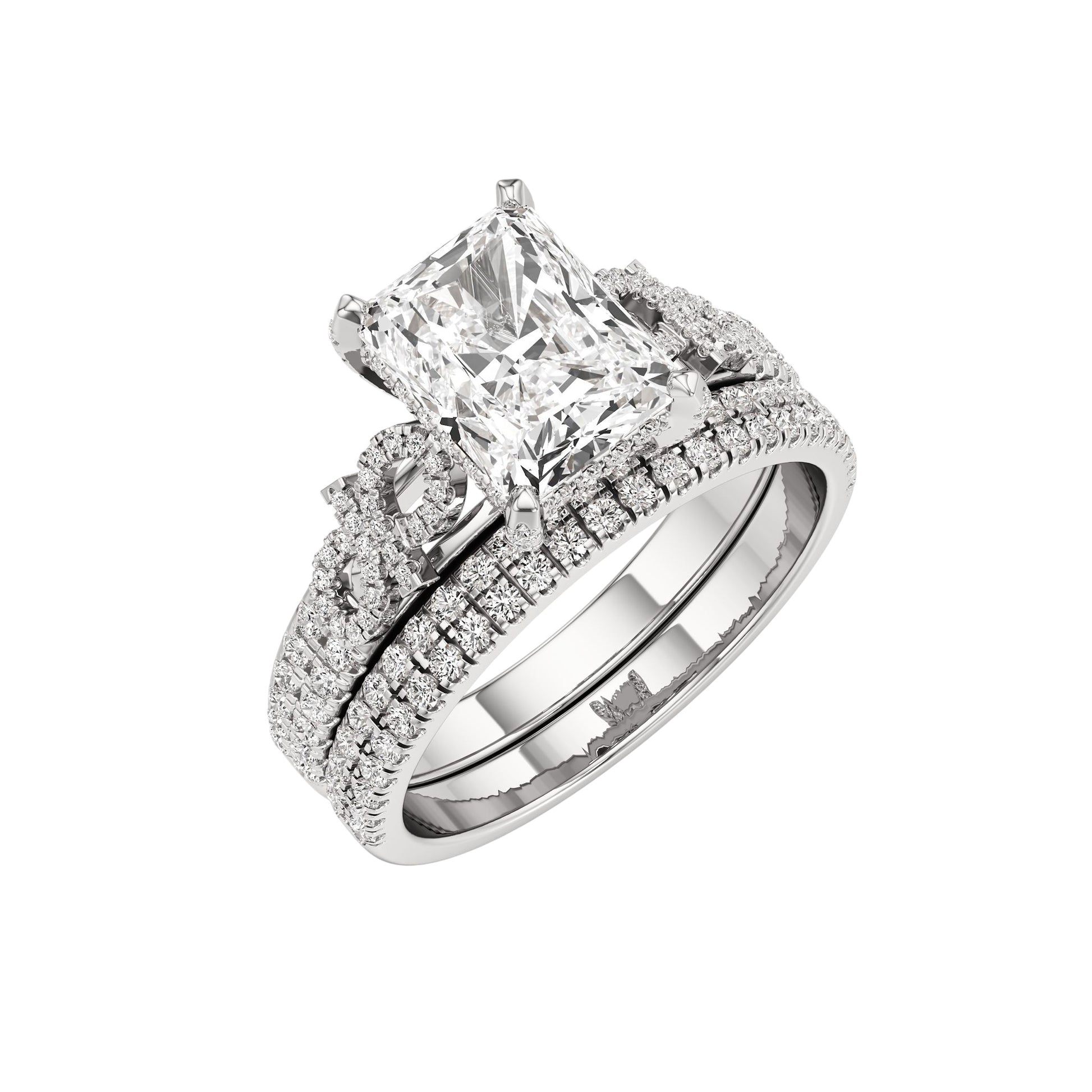 Diamond ring with a prominent central stone and smaller stones on a white background