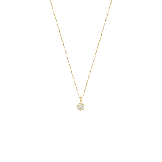 Gold necklace with a small round pendant on a white background