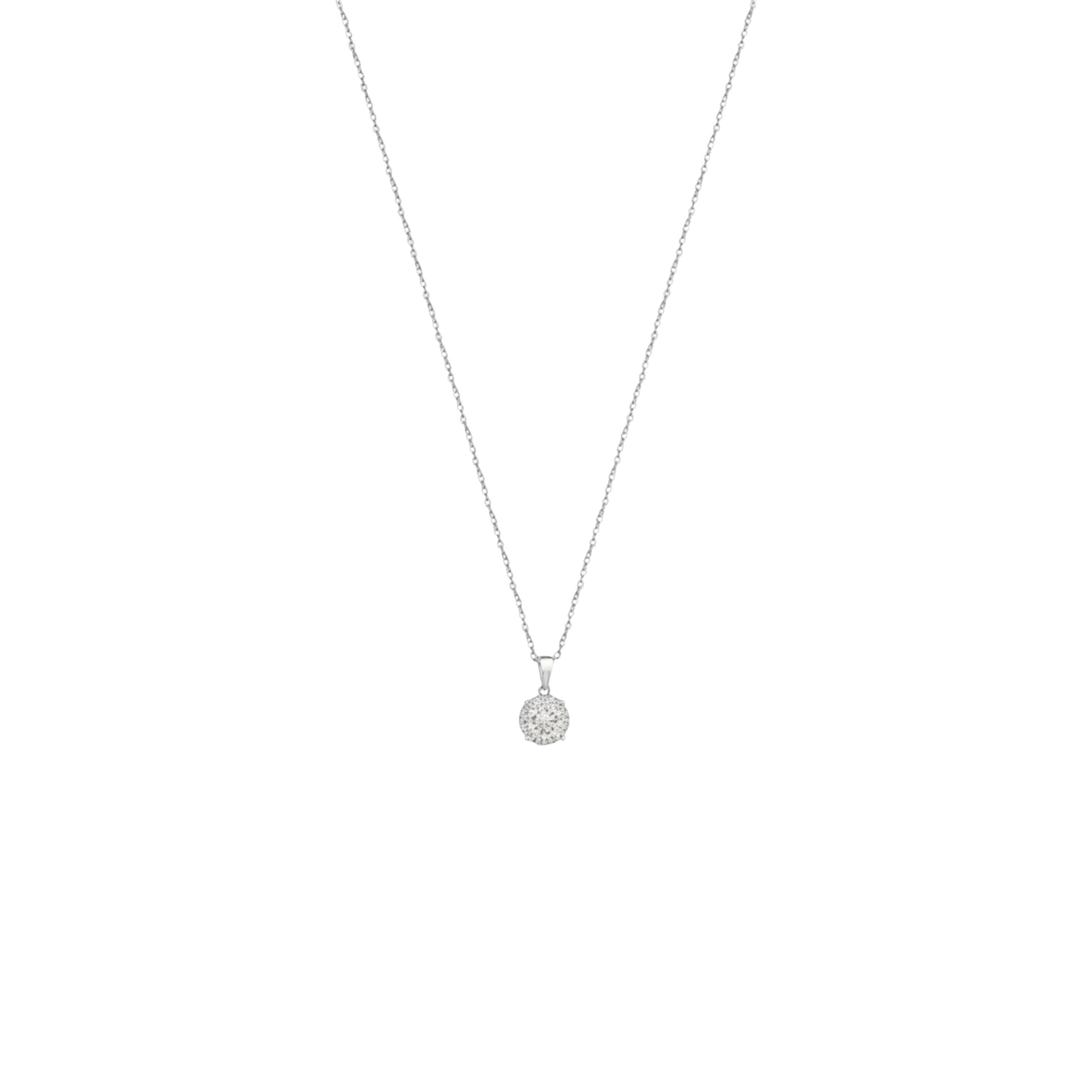 Silver necklace with a small round pendant on a white background