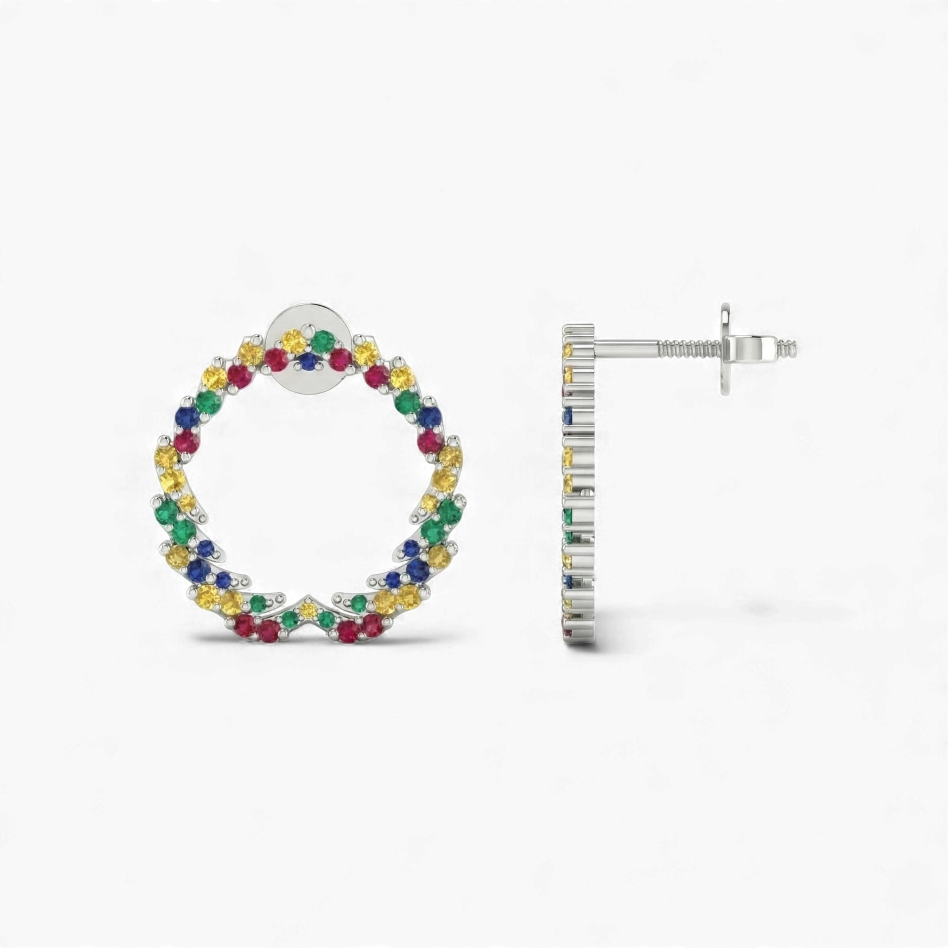 Multicolored gemstone hoop earring on a white background
