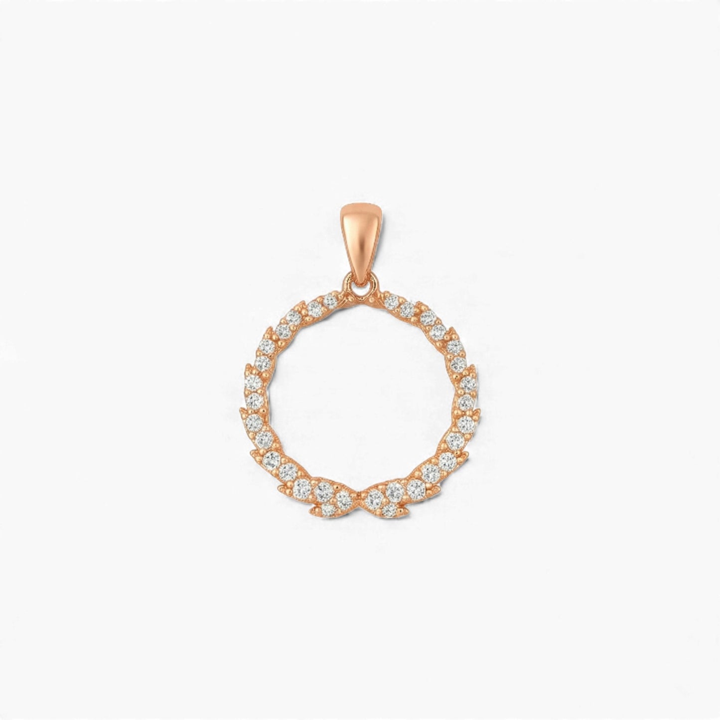 Rose gold pendant with diamond accents on a white background