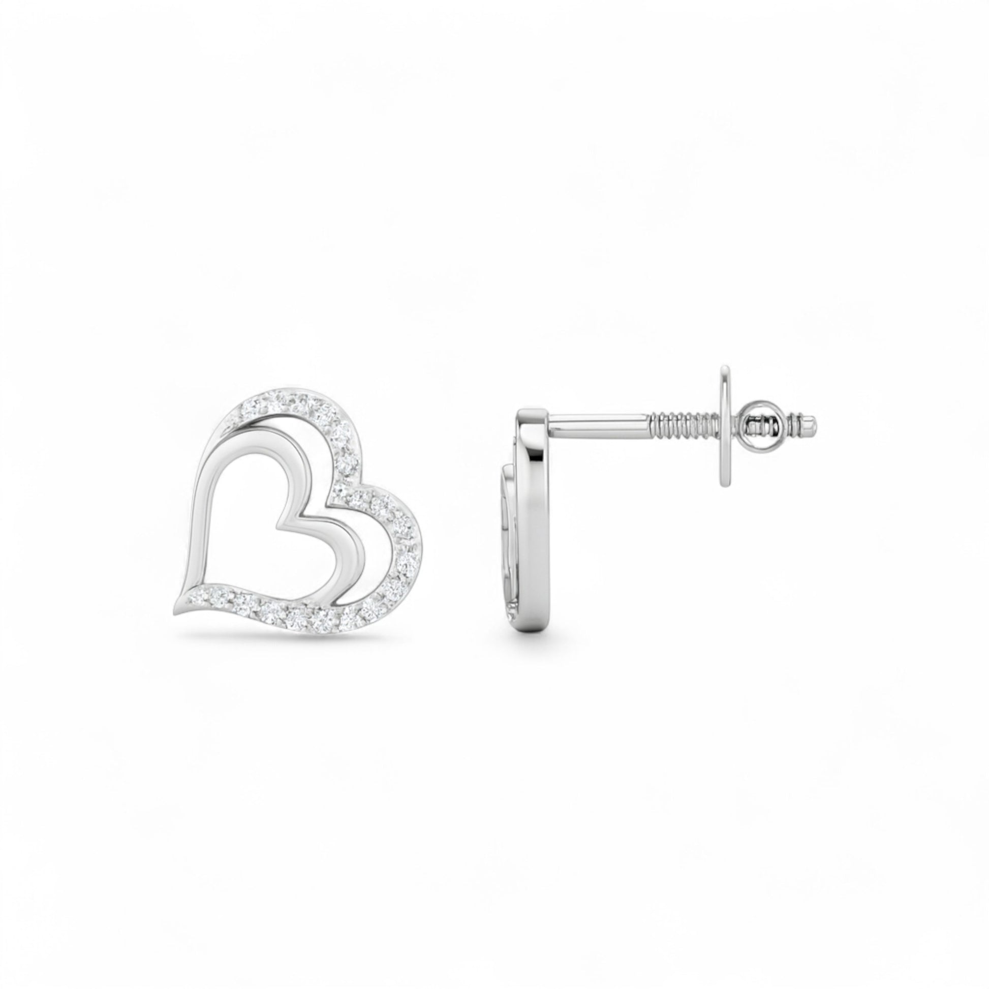 Heart-shaped silver earrings on a white background