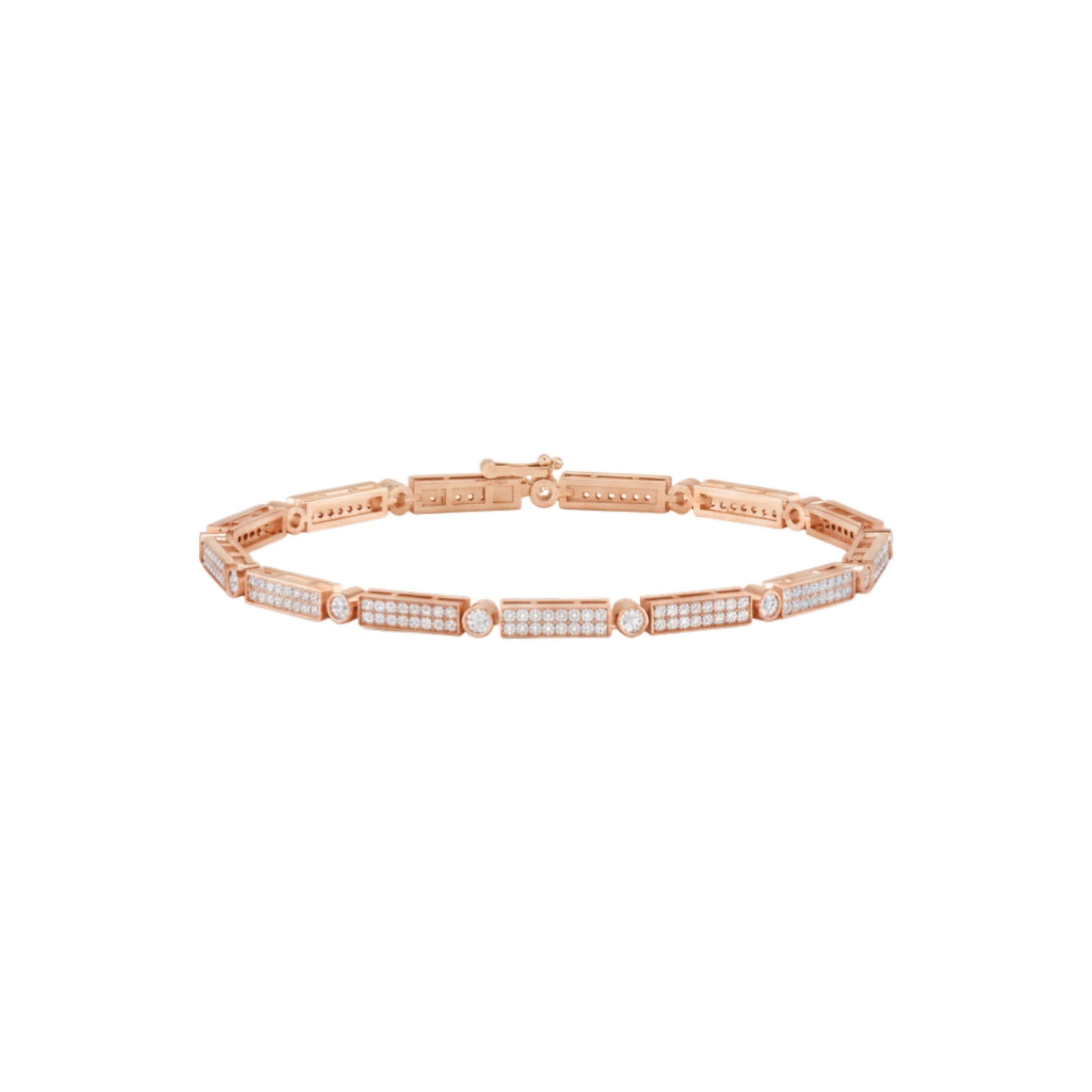 Rose gold bracelet with small diamonds on a white background