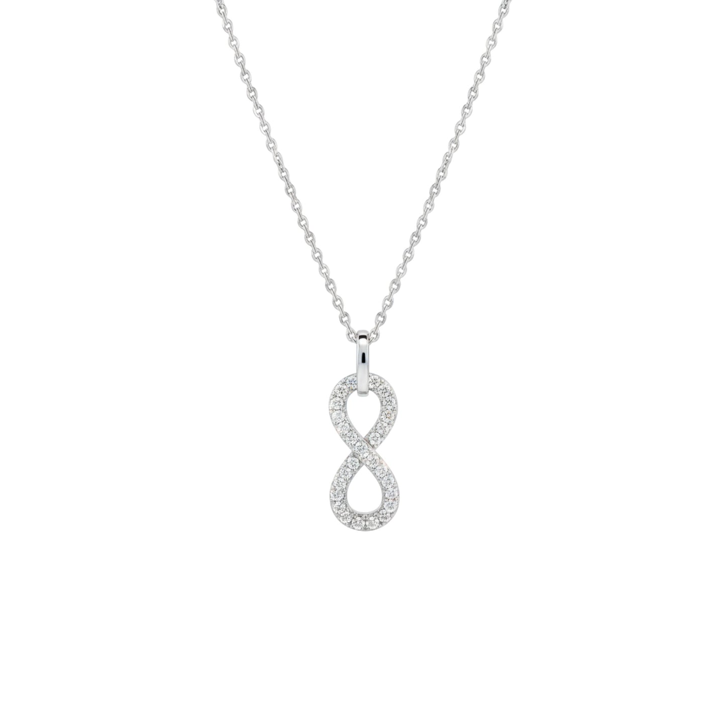 Silver infinity pendant necklace on a white background