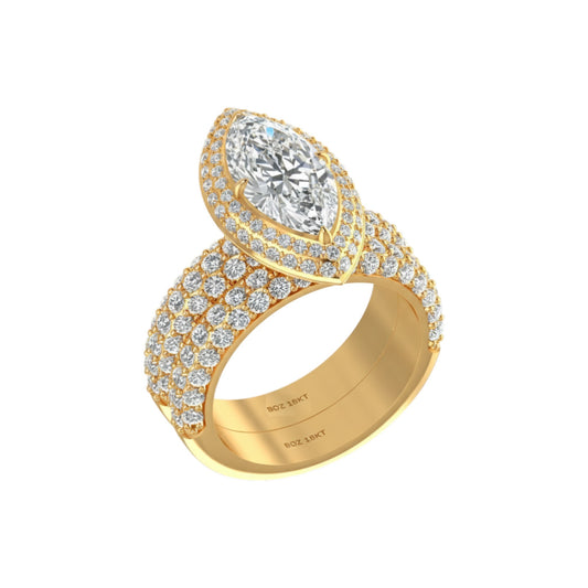 Gold ring with a large central diamond and smaller diamonds on a white background