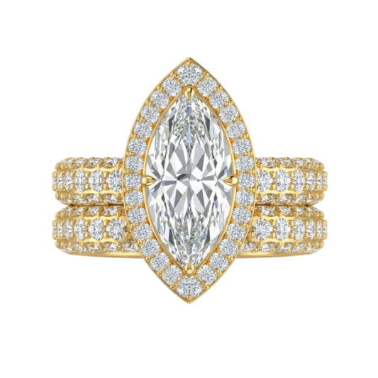 Gold ring with a large central diamond and smaller diamonds around on a white background