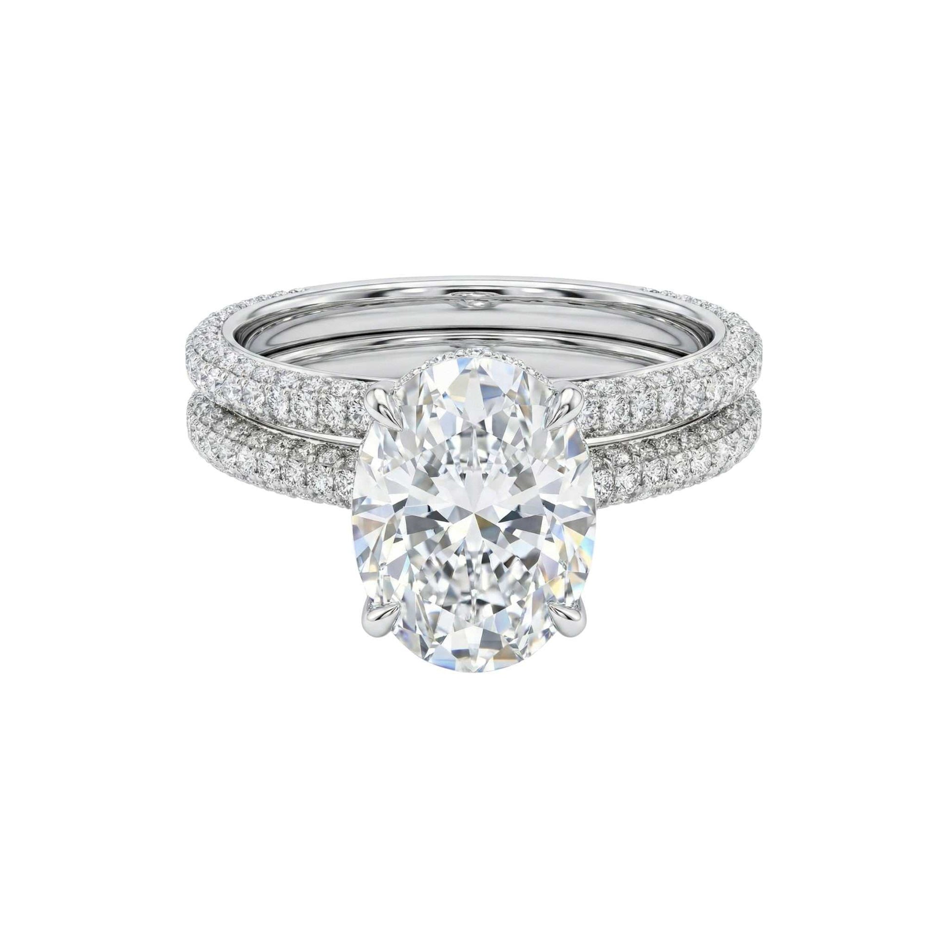 Diamond ring with a large central gemstone and smaller stones on a white background