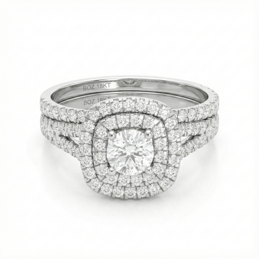 Audre Round Cut natural diamond cluster bride set in 18KT gold with pavé diamonds and split shank design