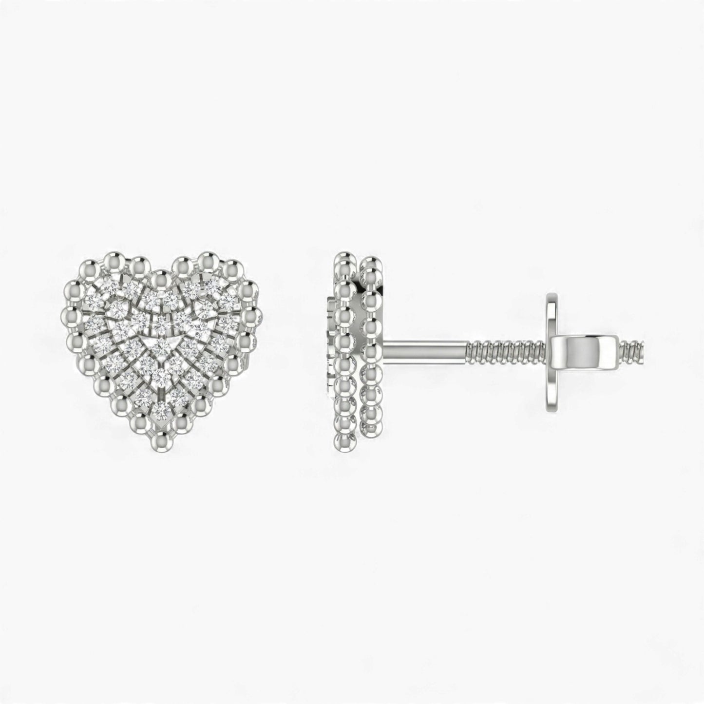 Heart-shaped silver earrings with clear gemstones on a white background