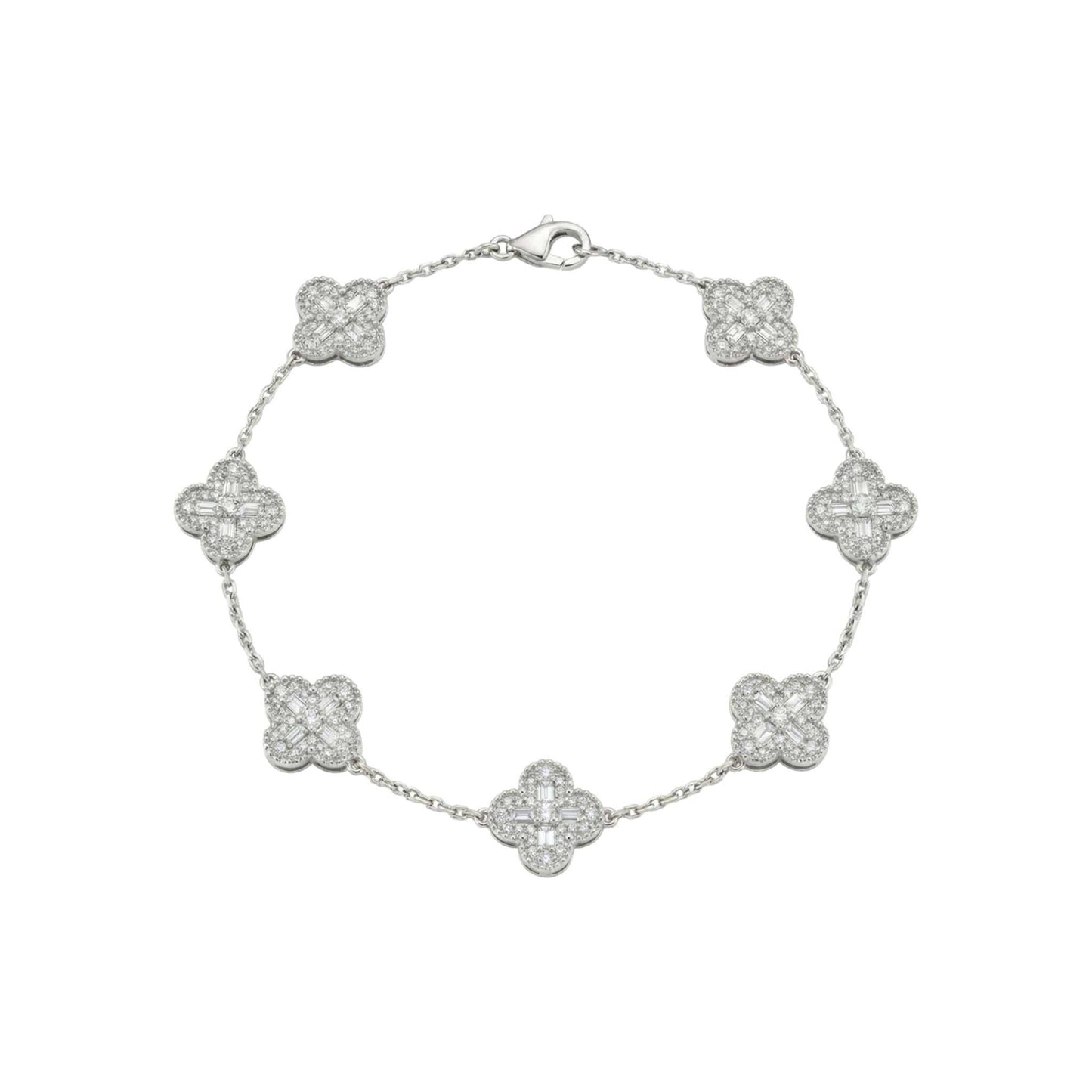 Silver bracelet with clover-shaped charms on a white background