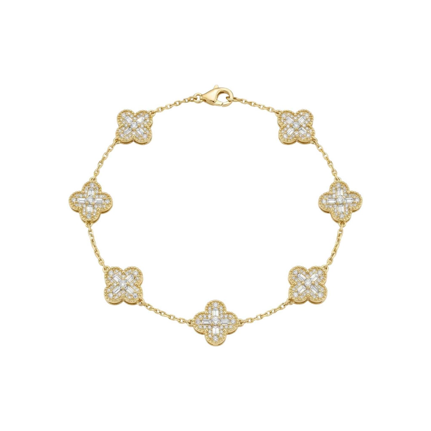 Gold bracelet with diamond-studded clover-shaped links on a white background